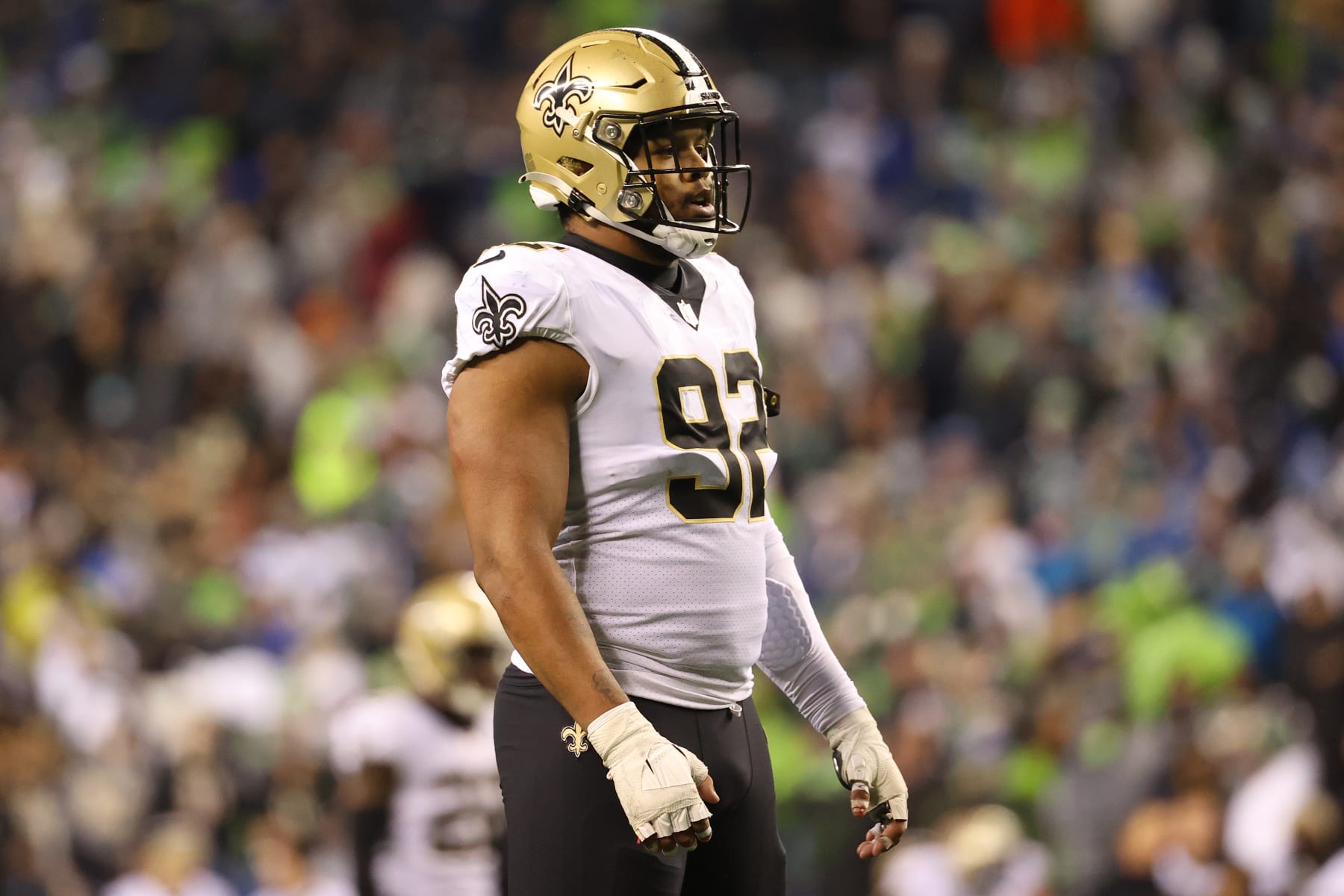SEATTLE, WASHINGTON - OCTOBER 25: Marcus Davenport #92 of the New Orleans Saints looks on against the Seattle Seahawks during the fourth quarter at Lumen Field on October 25, 2021 in Seattle, Washington. (Photo by Abbie Parr/Getty Images)