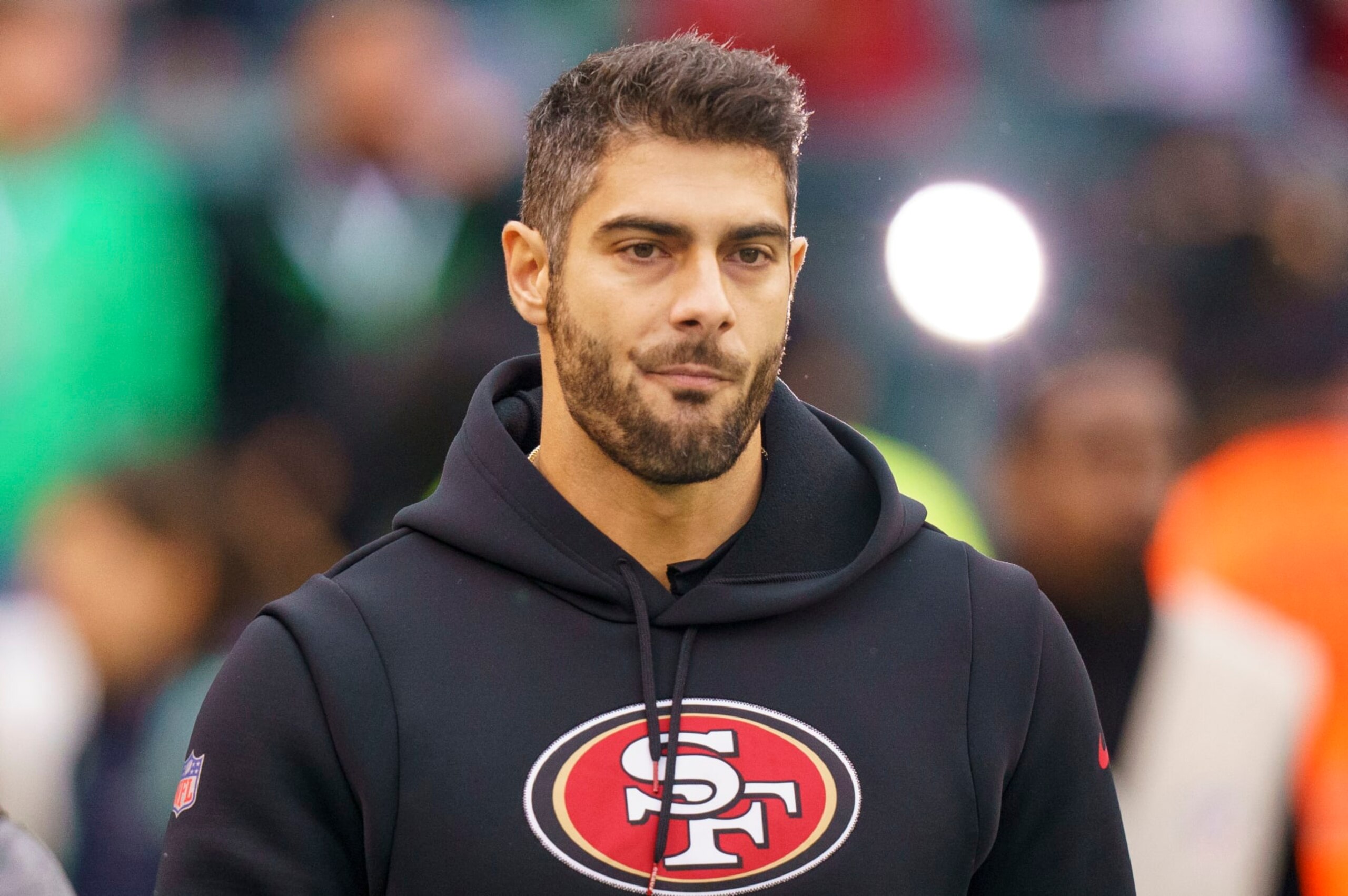 San Francisco 49ers quarterback Jimmy Garoppolo (10) looks on prior to the NFC Championship NFL football game against the Philadelphia Eagles, Sunday, Jan. 29, 2023, in Philadelphia. (AP Photo/Chris Szagola)