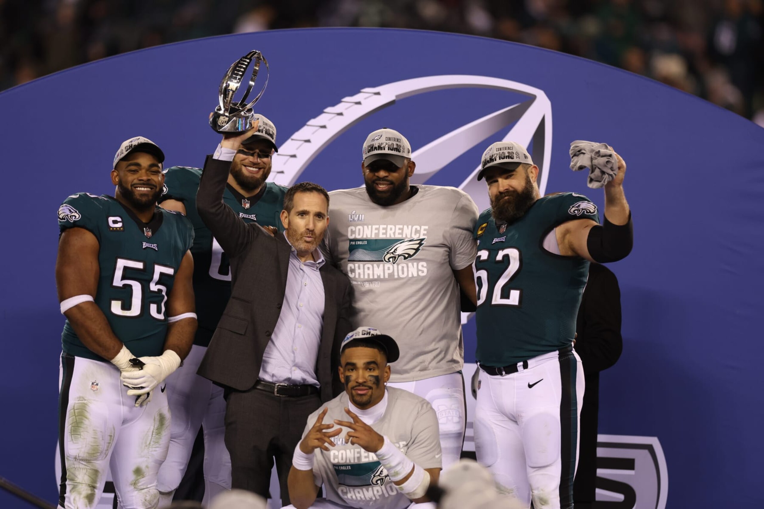 Football: NFC Championship: Philadelphia Eagles Jalen Hurts (1), Brandon Graham (55), Jason Kelce (62) and General Manager Howie Roseman celebrate following game vs San Francisco 49ers at Lincoln Financial Stadium. 
Philadelphia, PA 1/29/2023 
CREDIT: Simon Bruty (Photo by Simon Bruty/Sports Illustrated via Getty Images) 
(Set Number: X164295 TK1)
