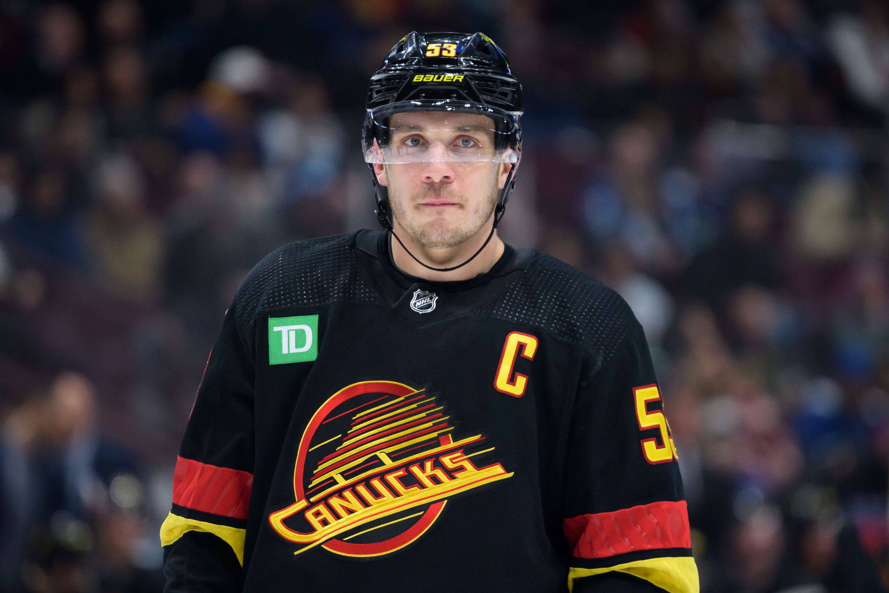 VANCOUVER, CANADA - JANUARY 27: Bo Horvat #53 of the Vancouver Canucks waits for a face-off during the third period of their NHL game against the Columbus Blue Jackets at Rogers Arena on January 27, 2023 in Vancouver, British Columbia, Canada. (Photo by Derek Cain/Getty Images)