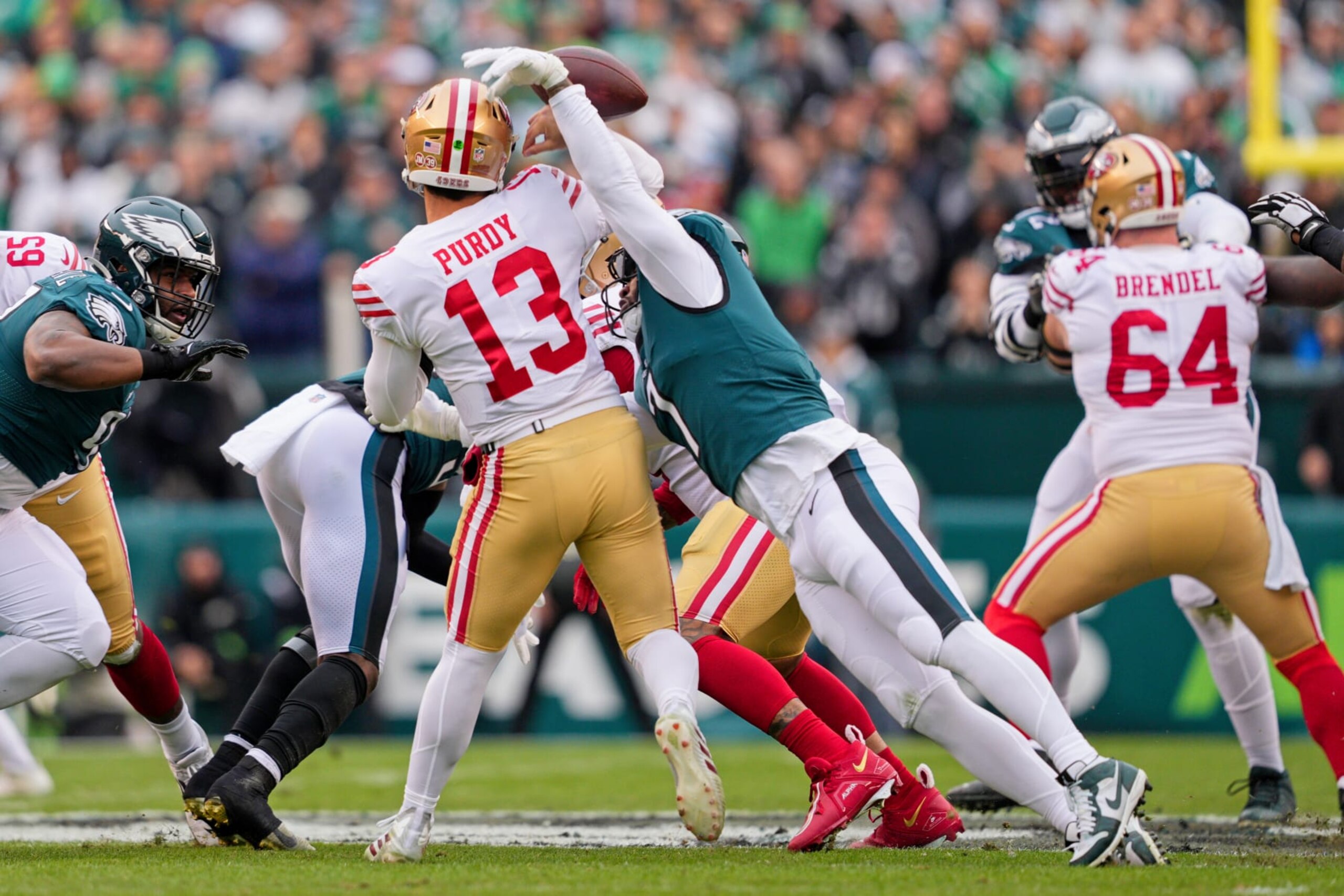 PHILADELPHIA, PA - JANUARY 29: Philadelphia Eagles linebacker Haason Reddick (7) sacks San Francisco 49ers quarterback Brock Purdy (13) during the Championship game between the San Fransisco 49ers and the Philadelphia Eagles on January 29, 2023. (Photo by Andy Lewis/Icon Sportswire via Getty Images)