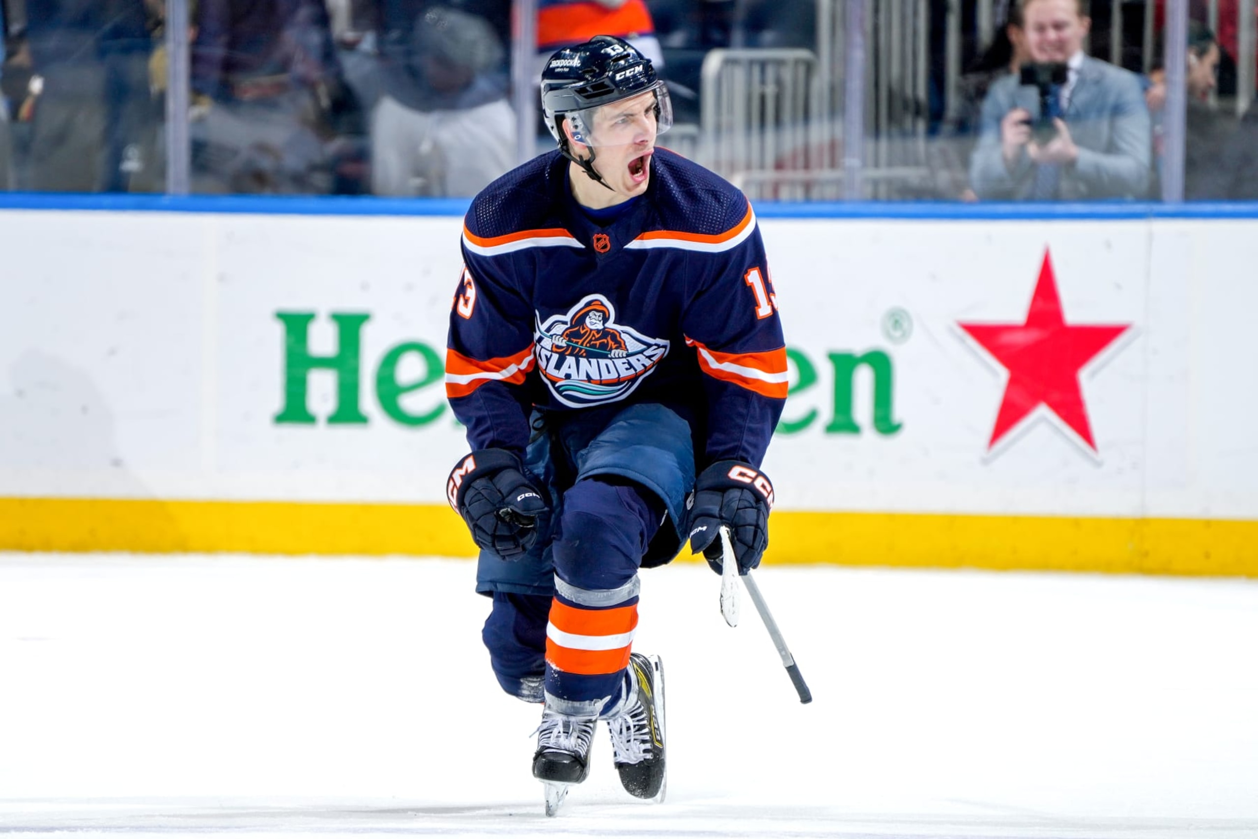 ELMONT, NEW YORK - JANUARY 28:  Mathew Barzal #13 of the New York Islanders celebrates after scoring the game-winning goal against the Vegas Golden Knights during overtime at UBS Arena on January 28, 2023 in Elmont, New York. (Photo by Mike Stobe/NHLI via Getty Images)