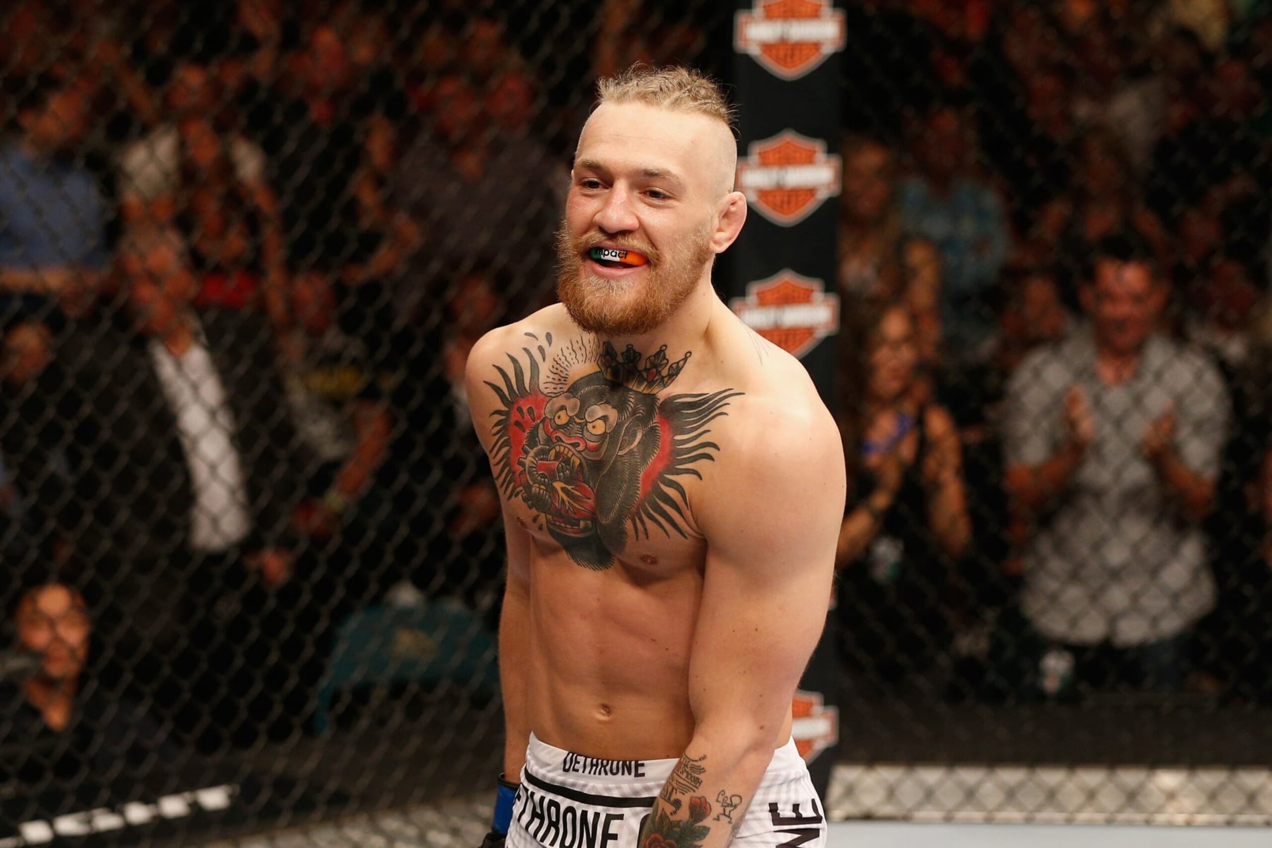 LAS VEGAS, NV - SEPTEMBER 27:  Conor McGregor celebrates his win over Dustin Poirier after their featherweight fight during the UFC 178 event inside the MGM Grand Garden Arena on September 27, 2014 in Las Vegas, Nevada.  (Photo by Josh Hedges/Zuffa LLC/Zuffa LLC via Getty Images)