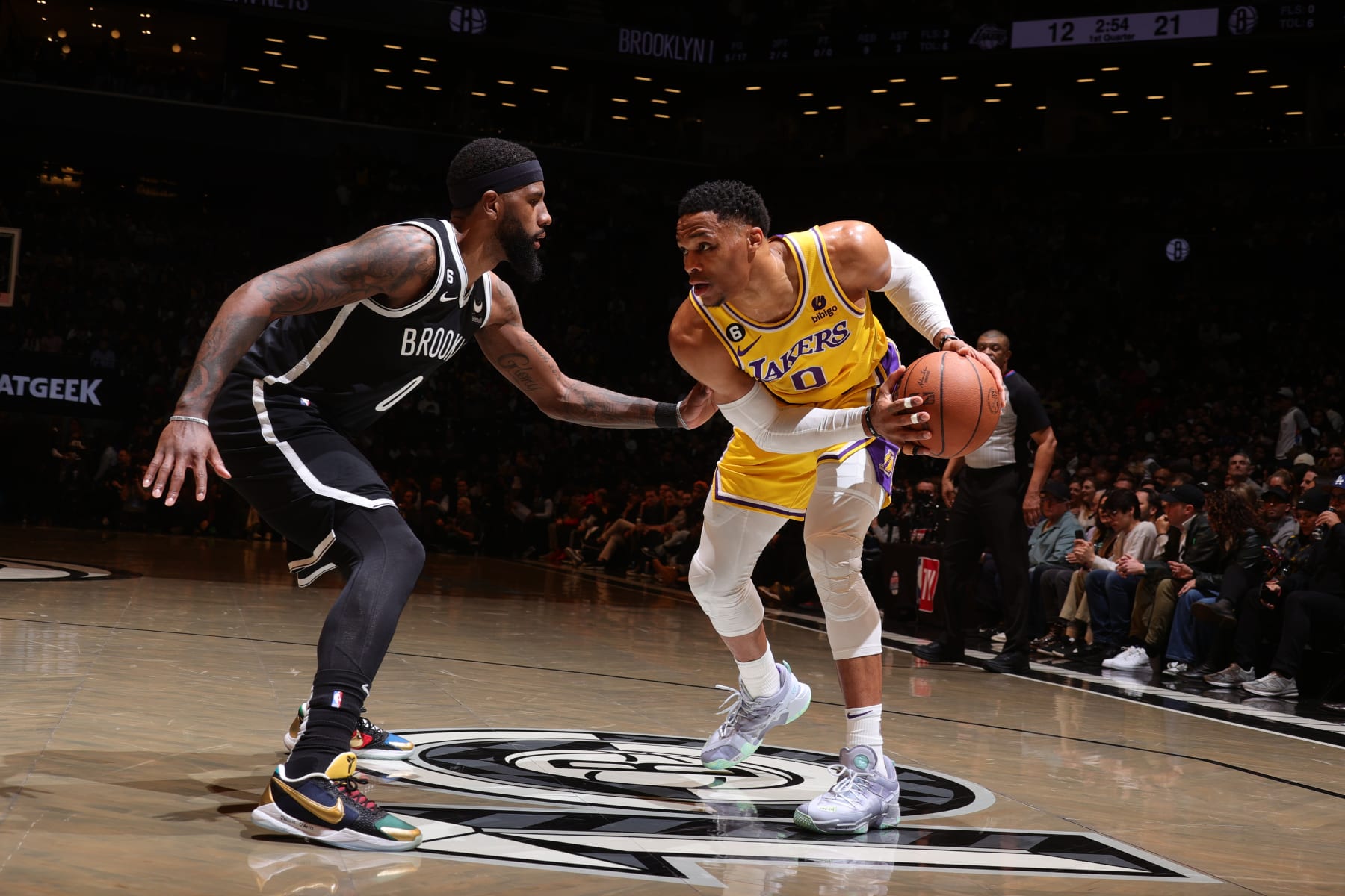 BROOKLYN, NY - JANUARY 30: Russell Westbrook #0 of the Los Angeles Lakers handles the ball during the game against the Brooklyn Nets on January 30, 2023 at Barclays Center in Brooklyn, New York. NOTE TO USER: User expressly acknowledges and agrees that, by downloading and or using this Photograph, user is consenting to the terms and conditions of the Getty Images License Agreement. Mandatory Copyright Notice: Copyright 2023 NBAE (Photo by Nathaniel S. Butler/NBAE via Getty Images)