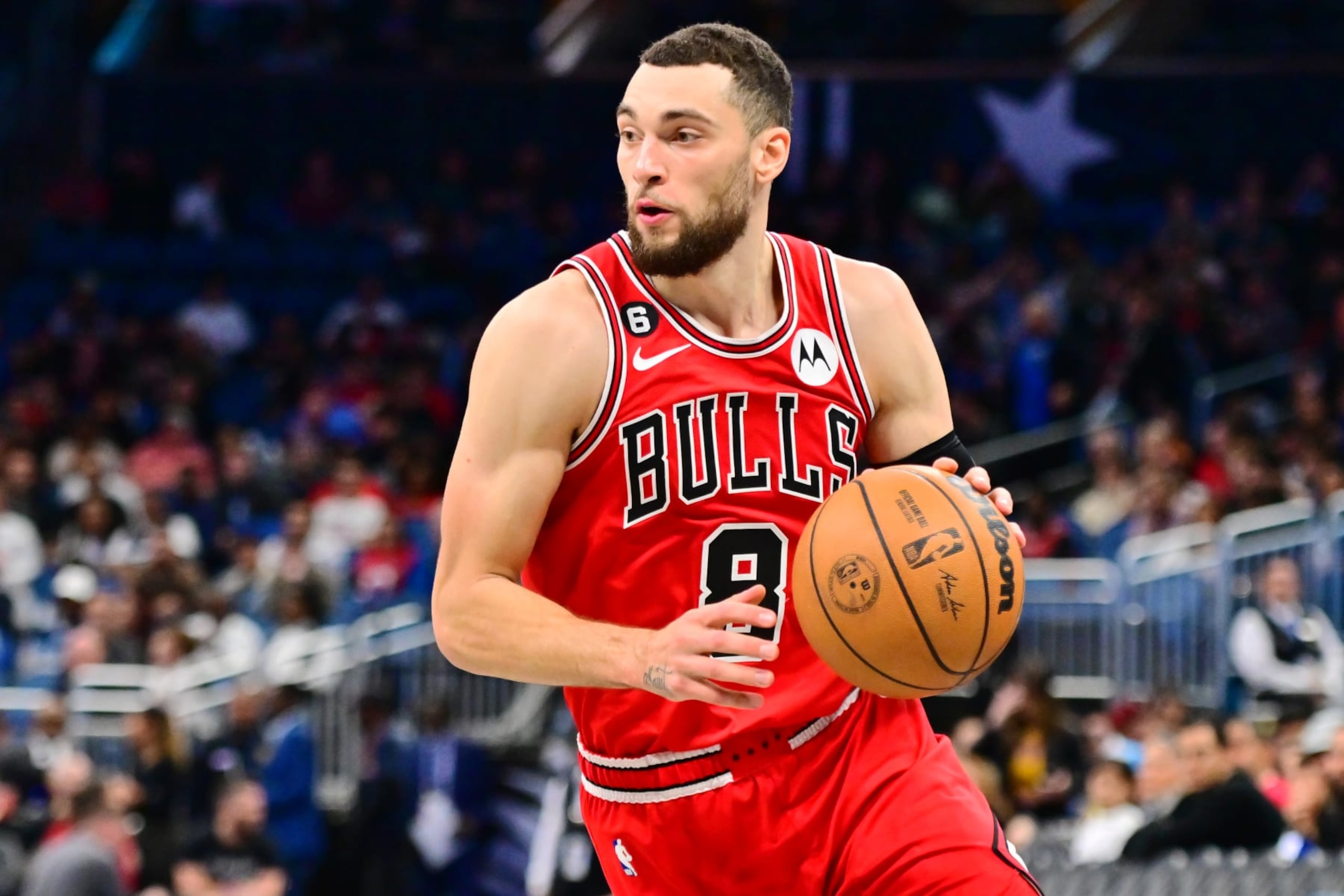 ORLANDO, FLORIDA - JANUARY 28: Zach LaVine #8 of the Chicago Bulls dribbles the ball to the basket in the second half against the Orlando Magic at Amway Center on January 28, 2023 in Orlando, Florida. NOTE TO USER: User expressly acknowledges and agrees that, by downloading and or using this photograph, User is consenting to the terms and conditions of the Getty Images License Agreement. (Photo by Julio Aguilar/Getty Images)