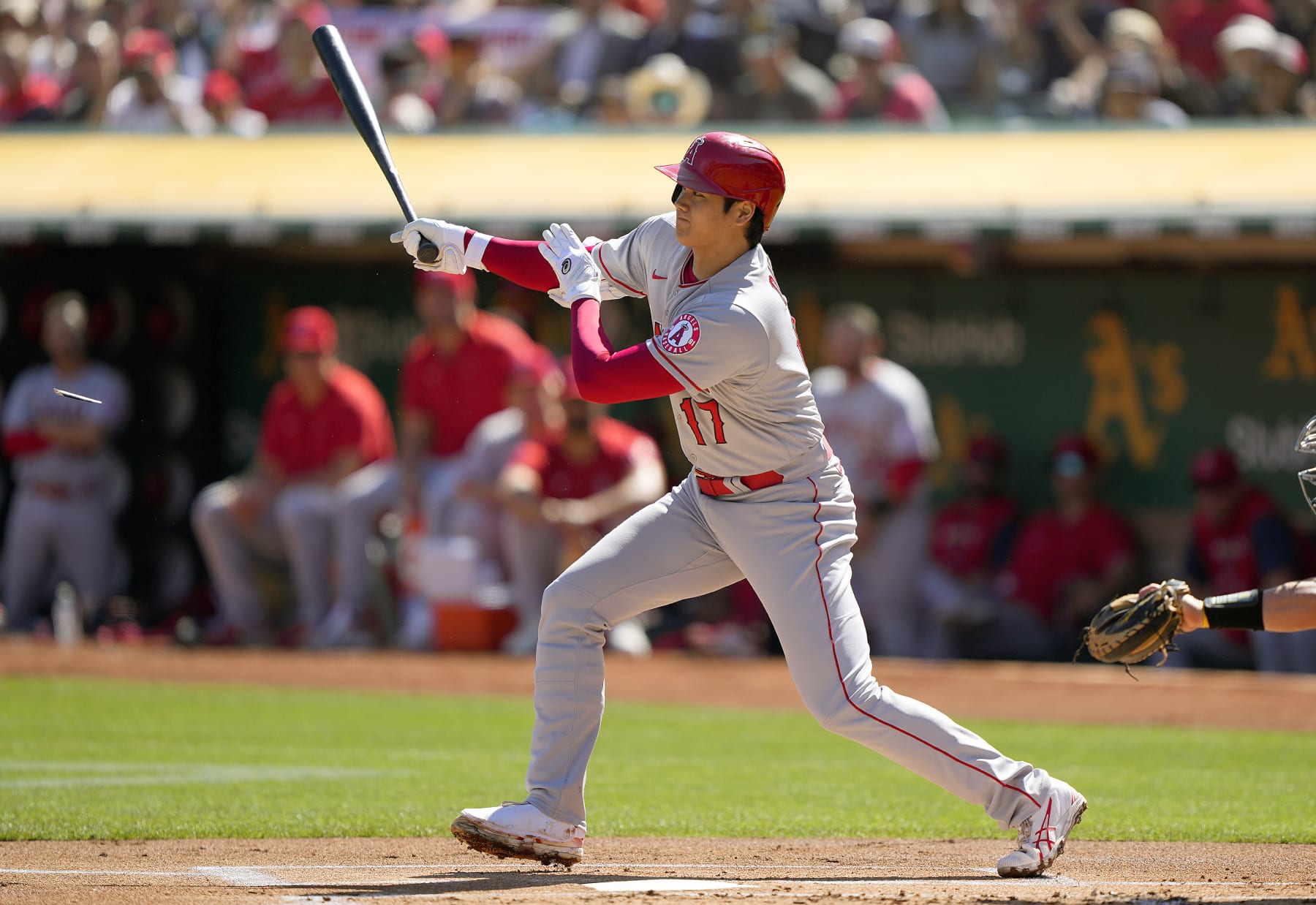 OAKLAND, CALIFORNIA - OCTOBER 05: Shohei Ohtani #17 of the Los Angeles Angels hits a single against the Oakland Athletics in the top of the first inning at RingCentral Coliseum on October 05, 2022 in Oakland, California. (Photo by Thearon W. Henderson/Getty Images)