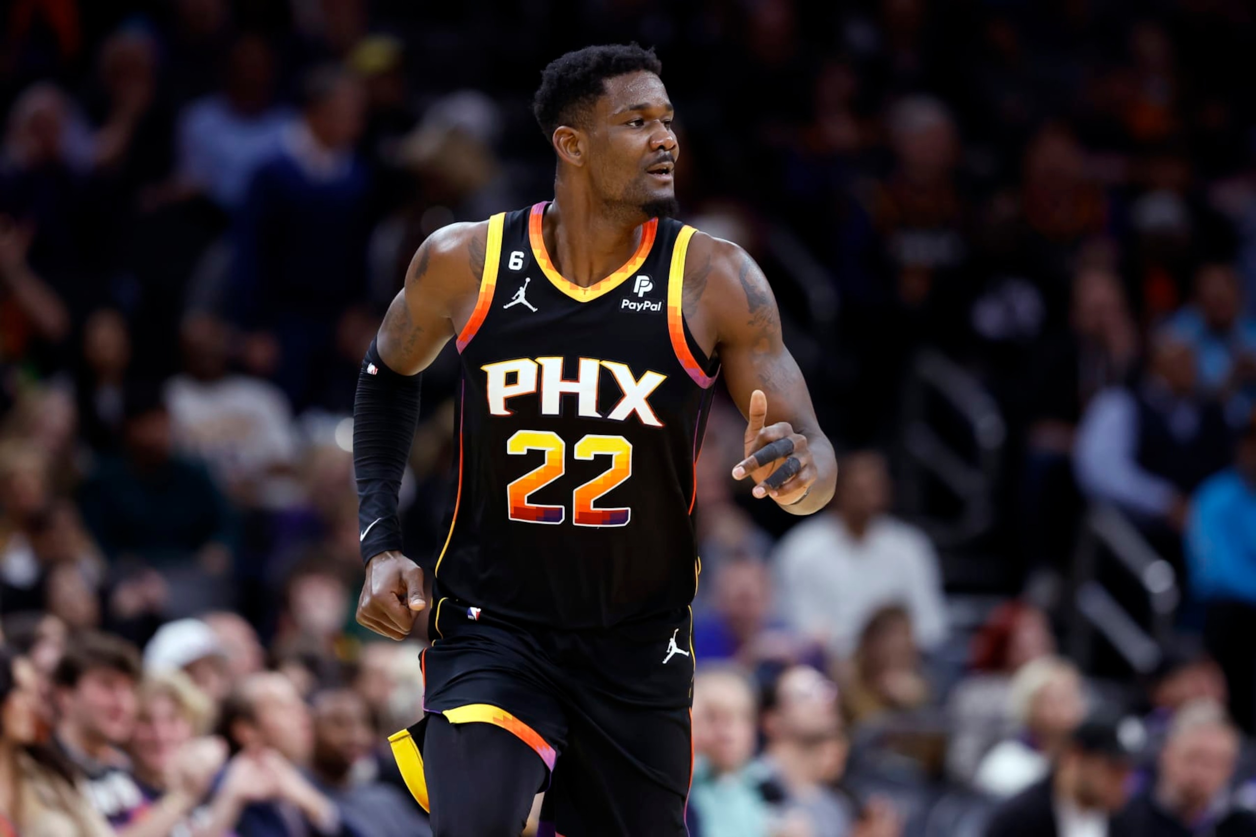 PHOENIX, ARIZONA - JANUARY 19: Deandre Ayton #22 of the Phoenix Suns during the game against the Brooklyn Nets at Footprint Center on January 19, 2023 in Phoenix, Arizona. The Suns beat the Nets 117-112. NOTE TO USER: User expressly acknowledges and agrees that,  by downloading and or using this photograph,  User is consenting to the terms and conditions of the Getty Images License Agreement. (Photo by Chris Coduto/Getty Images)