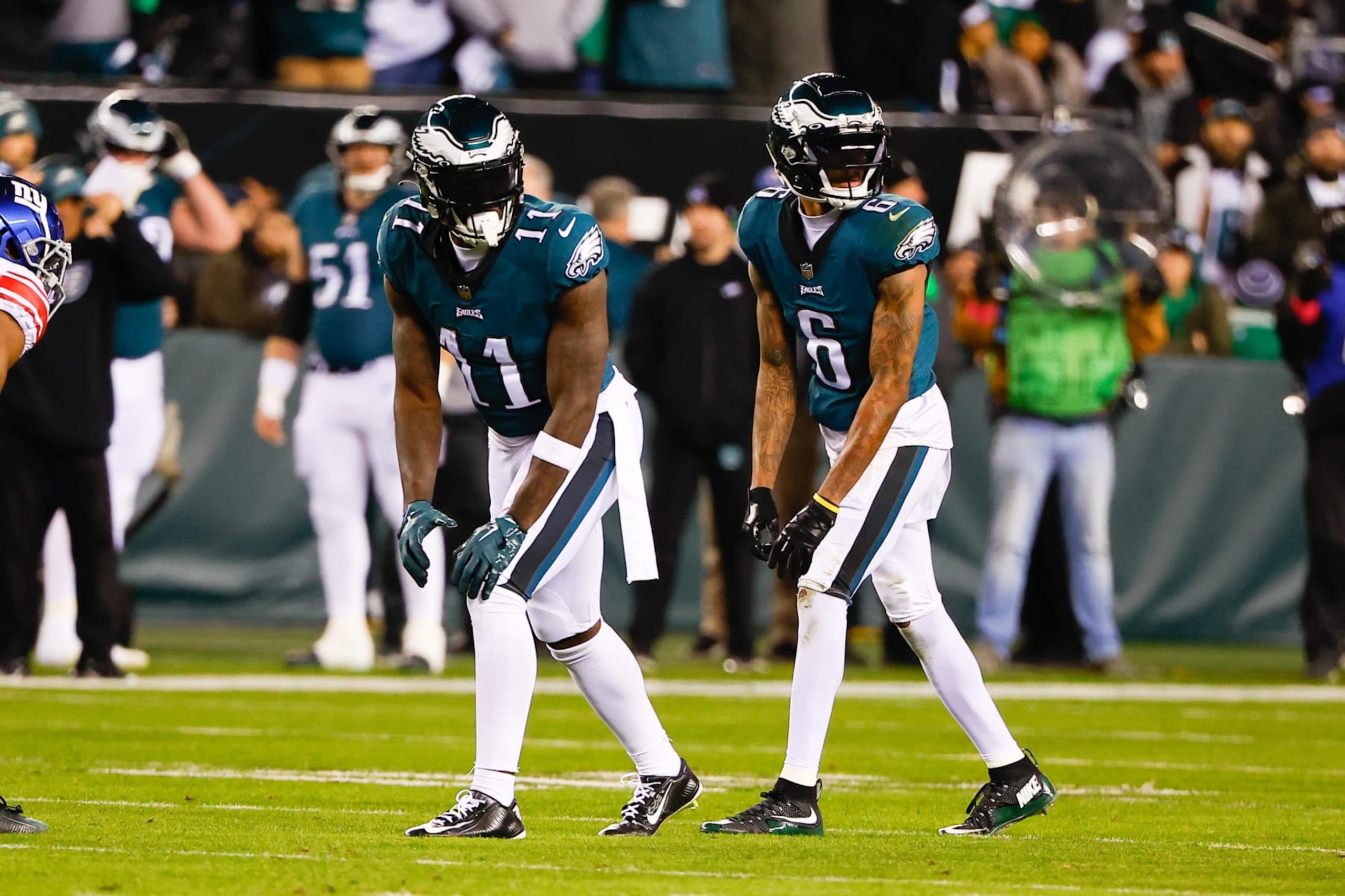 PHILADELPHIA, PA - JANUARY 21:  Philadelphia Eagles wide receiver A.J. Brown (11) and Philadelphia Eagles wide receiver DeVonta Smith (6) during the NFC Divisional playoff game between the Philadelphia Eagles and the New York Giants on January 21, 2023 at Lincoln Financial Field in Philadelphia, Pennsylvania.  (Photo by Rich Graessle/Icon Sportswire via Getty Images)