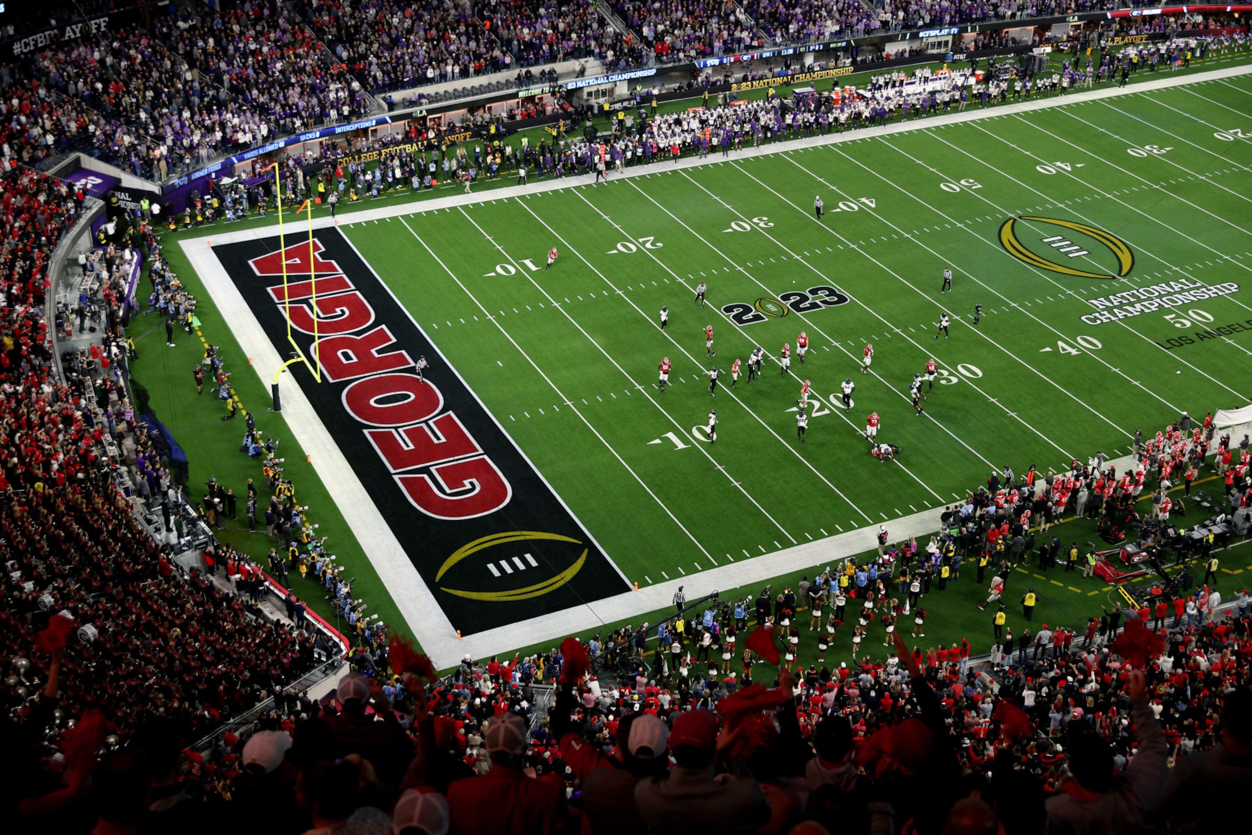 INGLEWOOD, CALIFORNIA - JANUARY 09: An overall view of the field as the TCU Horned Frogs plays against the Georgia Bulldogs in the College Football Playoff National Championship game at SoFi Stadium on January 09, 2023 in Inglewood, California. (Photo by Ezra Shaw/Getty Images)