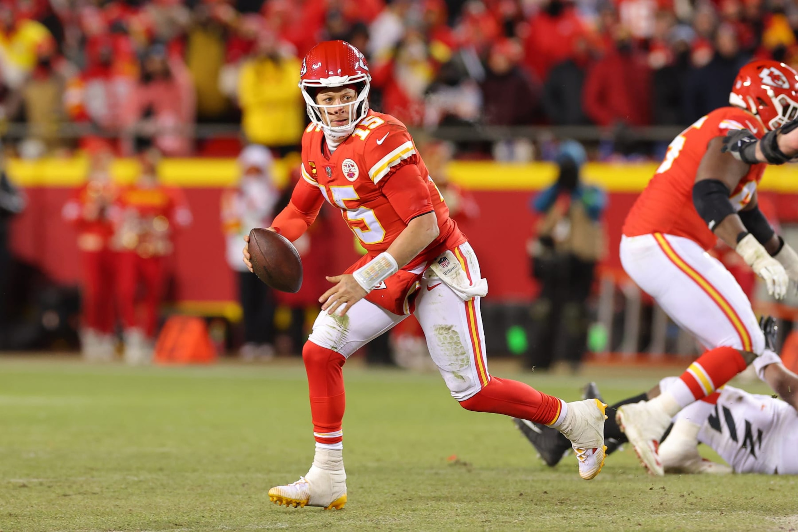 KANSAS CITY, MISSOURI - JANUARY 29: Patrick Mahomes #15 of the Kansas City Chiefs looks to pass against the Cincinnati Bengals during the fourth quarter in the AFC Championship Game at GEHA Field at Arrowhead Stadium on January 29, 2023 in Kansas City, Missouri. (Photo by Kevin C. Cox/Getty Images) KANSAS CITY, MISSOURI - JANUARY 29: Patrick Mahomes #15 of the Kansas City Chiefs looks to pass against the Cincinnati Bengals during the fourth quarter in the AFC Championship Game at GEHA Field at Arrowhead Stadium on January 29, 2023 in Kansas City, Missouri. (Photo by Kevin C. Cox/Getty Images)