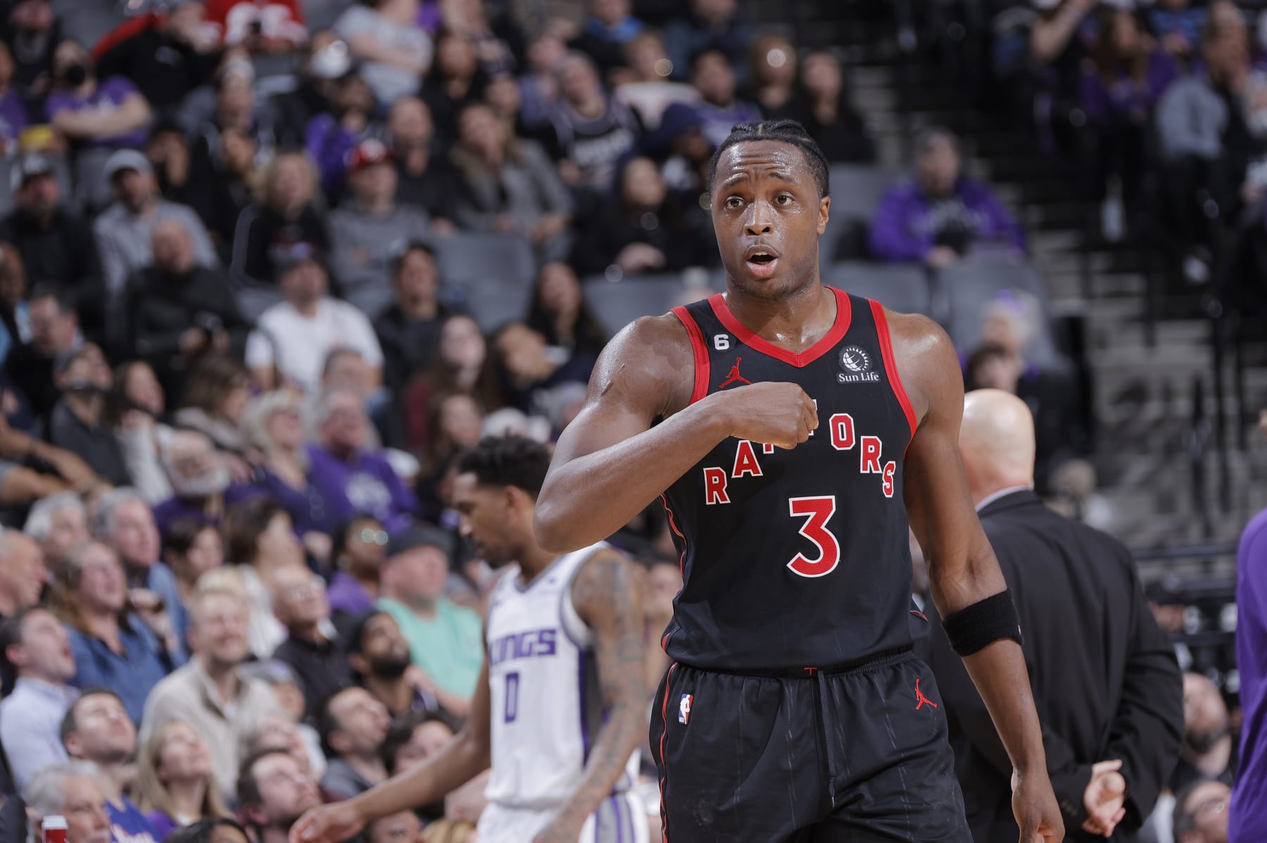 SACRAMENTO, CA - JANUARY 25: O.G. Anunoby #3 of the Toronto Raptors looks on during the game against the Sacramento Kings on January 25, 2023 at Golden 1 Center in Sacramento, California. NOTE TO USER: User expressly acknowledges and agrees that, by downloading and or using this photograph, User is consenting to the terms and conditions of the Getty Images Agreement. Mandatory Copyright Notice: Copyright 2023 NBAE (Photo by Rocky Widner/NBAE via Getty Images)