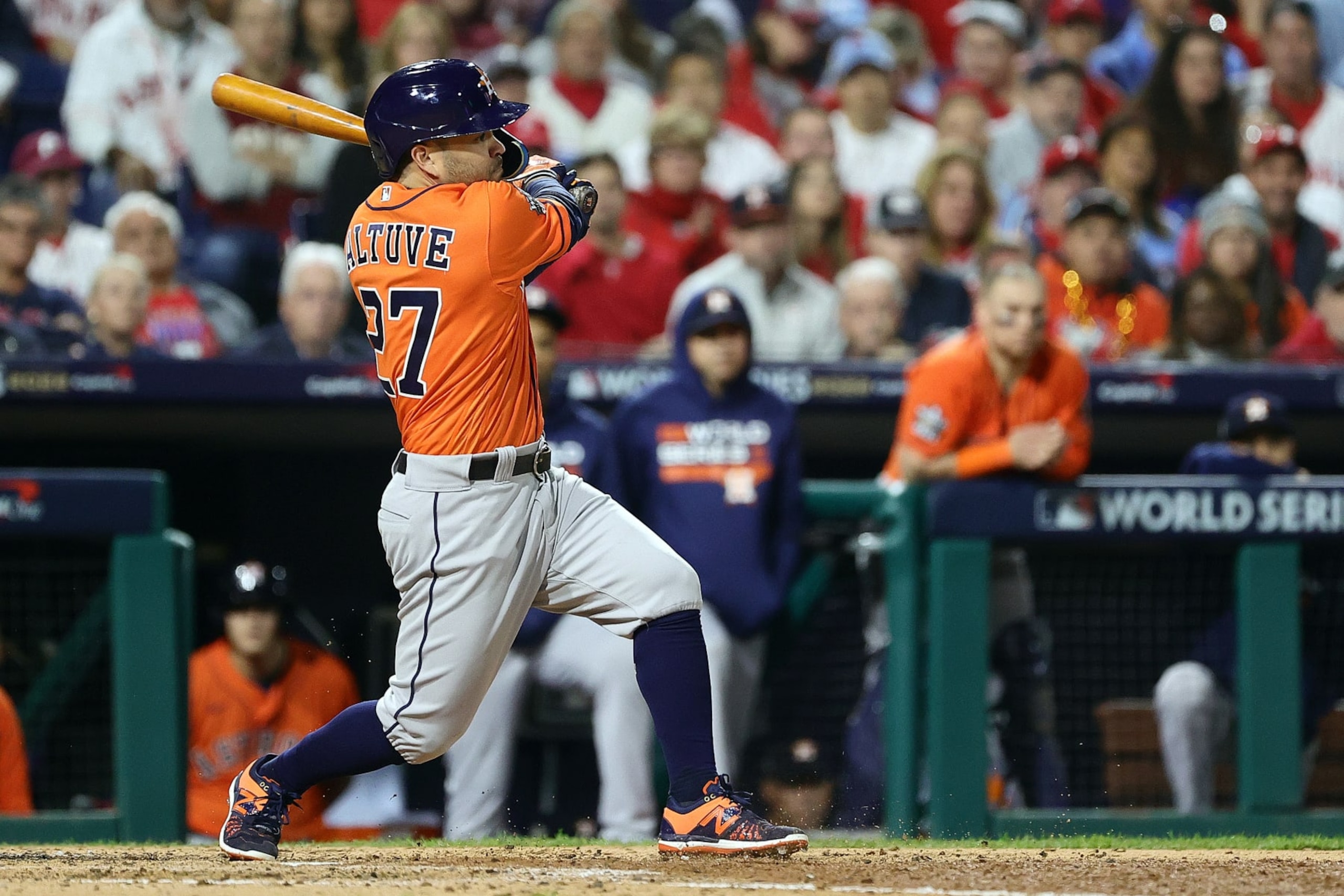 PHILADELPHIA, PENNSYLVANIA - NOVEMBER 02: Jose Altuve #27 of the Houston Astros hits a single against the Philadelphia Phillies during the fifth inning in Game Four of the 2022 World Series at Citizens Bank Park on November 02, 2022 in Philadelphia, Pennsylvania. (Photo by Tim Nwachukwu/Getty Images)