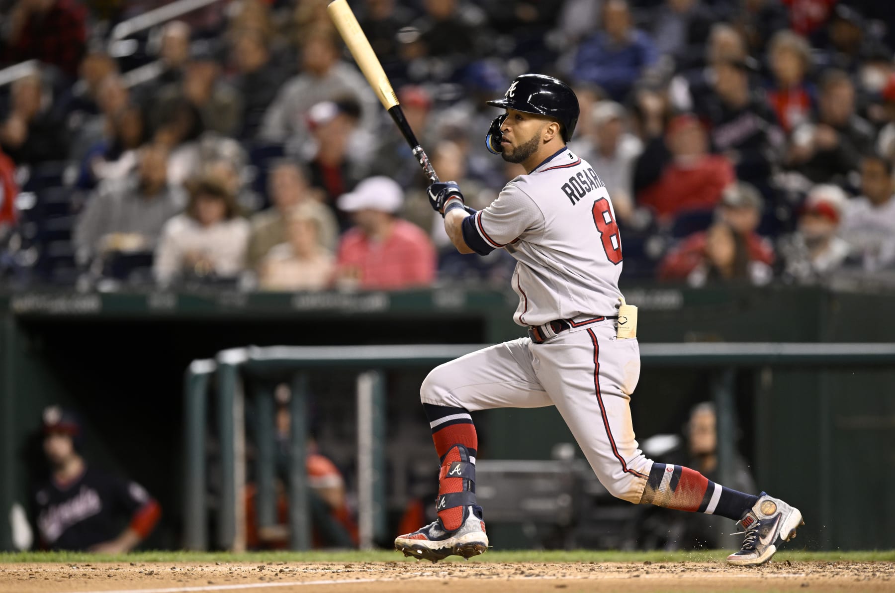 WASHINGTON, DC - SEPTEMBER 28: Eddie Rosario #8 of the Atlanta Braves bats against the Washington Nationals at Nationals Park on September 28, 2022 in Washington, DC. (Photo by G Fiume/Getty Images)