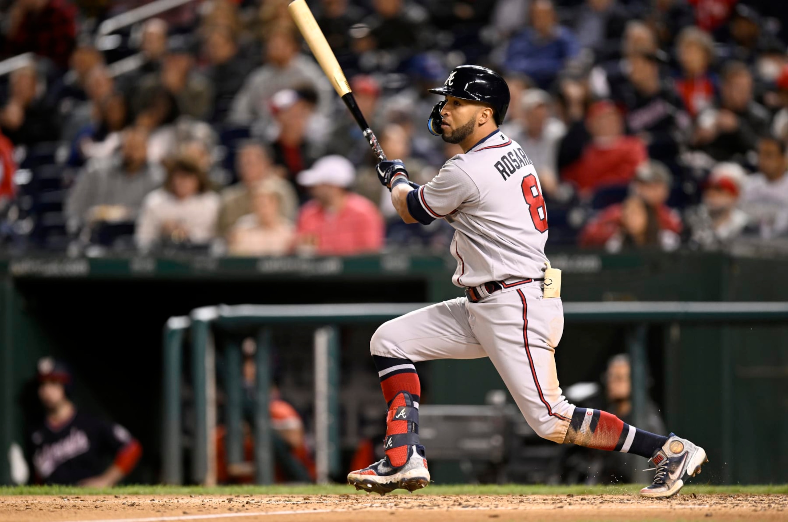 WASHINGTON, DC - SEPTEMBER 28: Eddie Rosario #8 of the Atlanta Braves bats against the Washington Nationals at Nationals Park on September 28, 2022 in Washington, DC. (Photo by G Fiume/Getty Images)