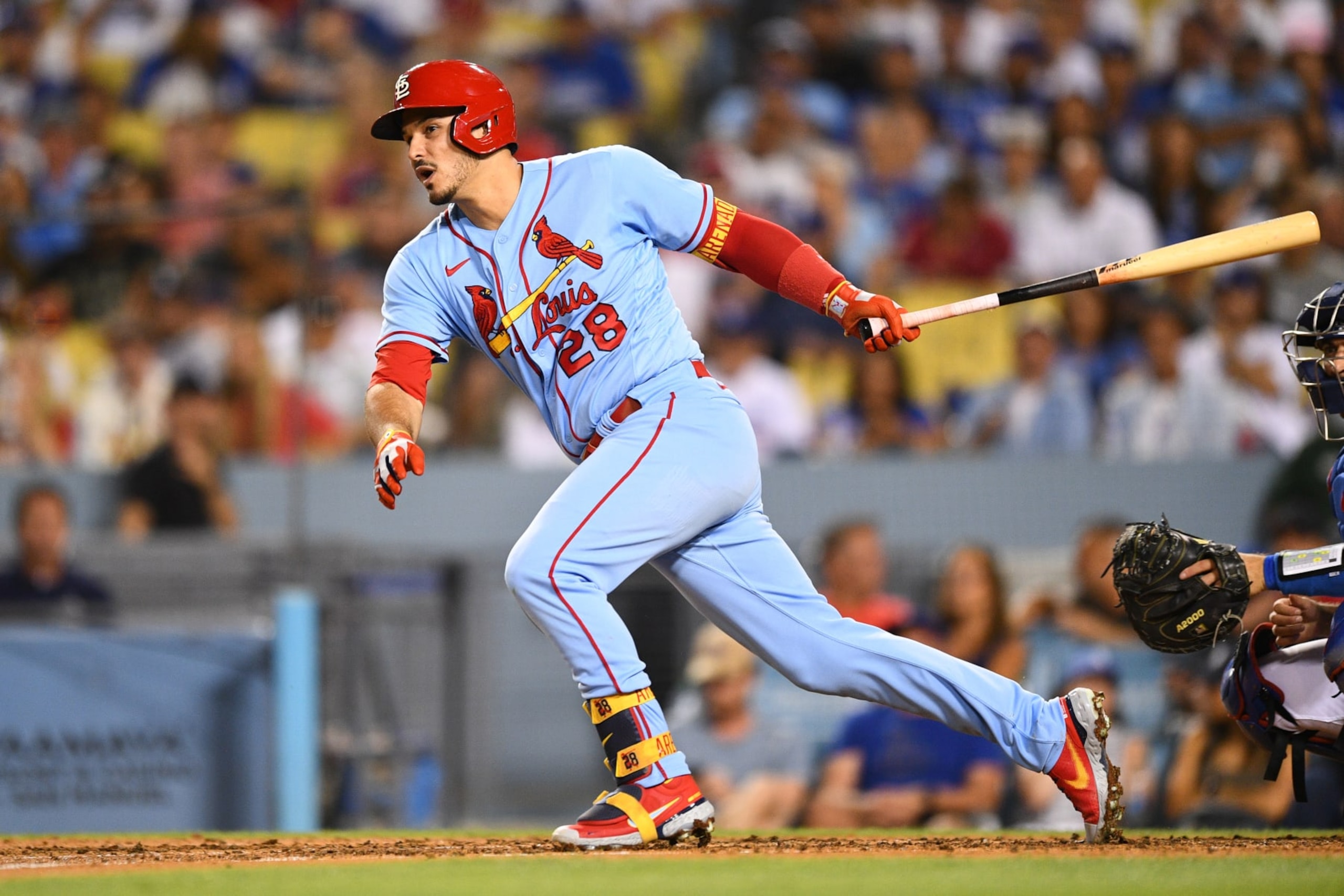 LOS ANGELES, CA - SEPTEMBER 24: St. Louis Cardinals third baseman Nolan Arenado (28) singles down the lined during the MLB game between the St. Louis Cardinals and the Los Angeles Dodgers on September 24, 2022 at Dodger Stadium in Los Angeles, CA. (Photo by Brian Rothmuller/Icon Sportswire via Getty Images)
