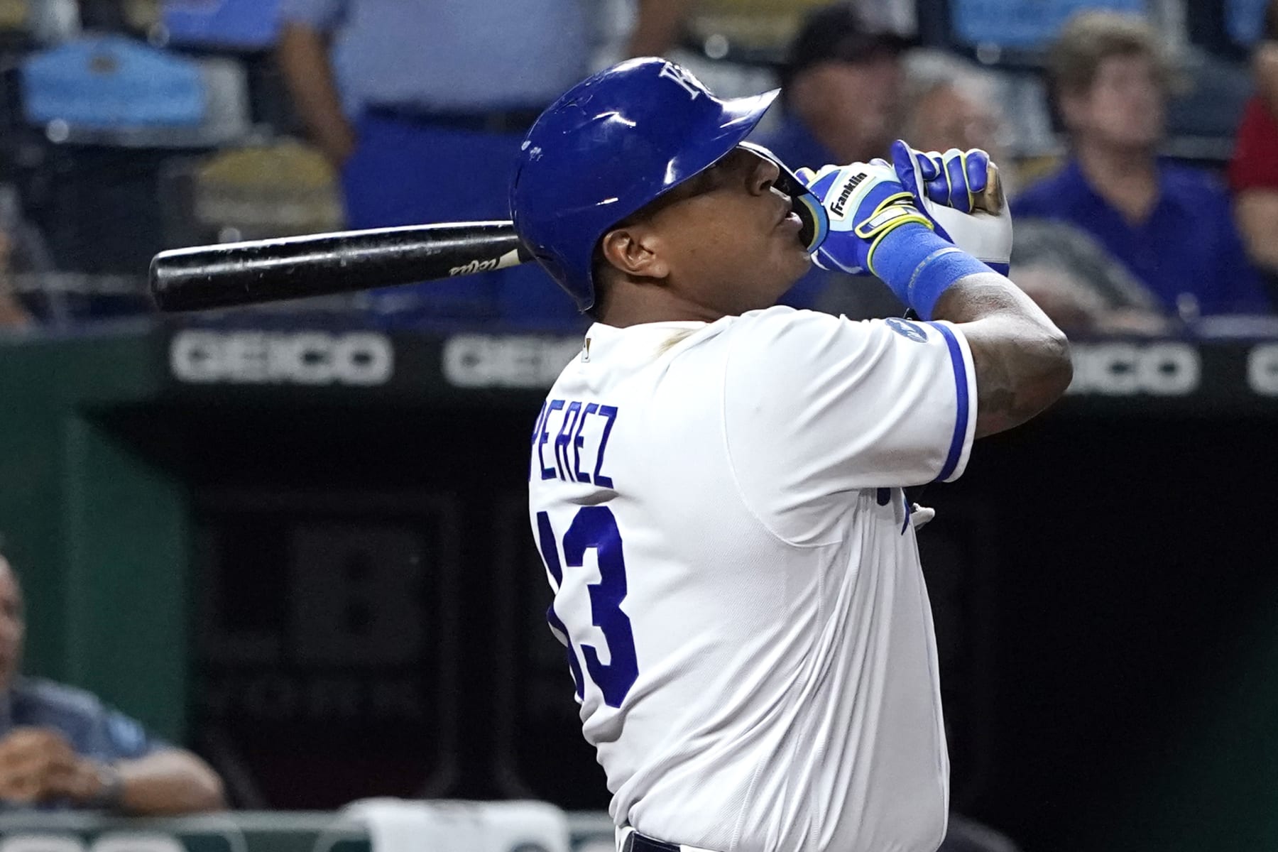 KANSAS CITY, MISSOURI - SEPTEMBER 07:  Salvador Perez #13 of the Kansas City Royals hits a walk-off sacrifice fly in the ninth inning against the Cleveland Guardians at Kauffman Stadium on September 07, 2022 in Kansas City, Missouri. The Royals won 2-1. (Photo by Ed Zurga/Getty Images)