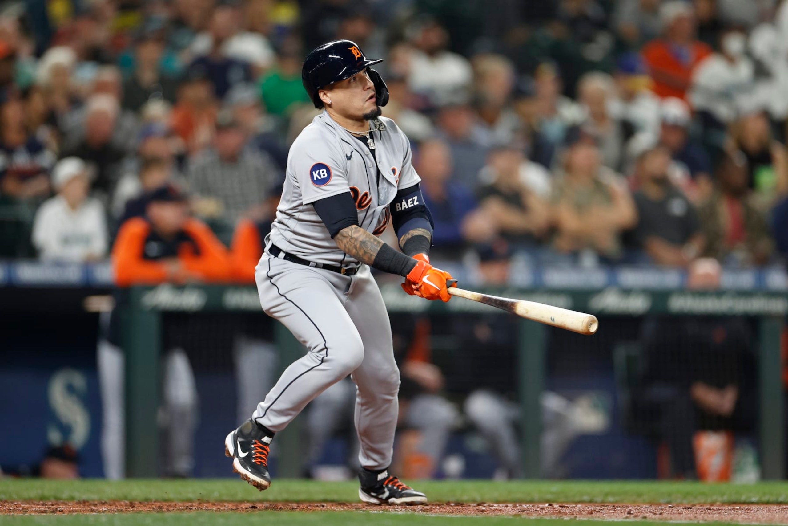 SEATTLE, WASHINGTON - OCTOBER 03: Javier Baez #28 of the Detroit Tigers hits a two-run home run against the Seattle Mariners during the third inning at T-Mobile Park on October 03, 2022 in Seattle, Washington. (Photo by Steph Chambers/Getty Images)