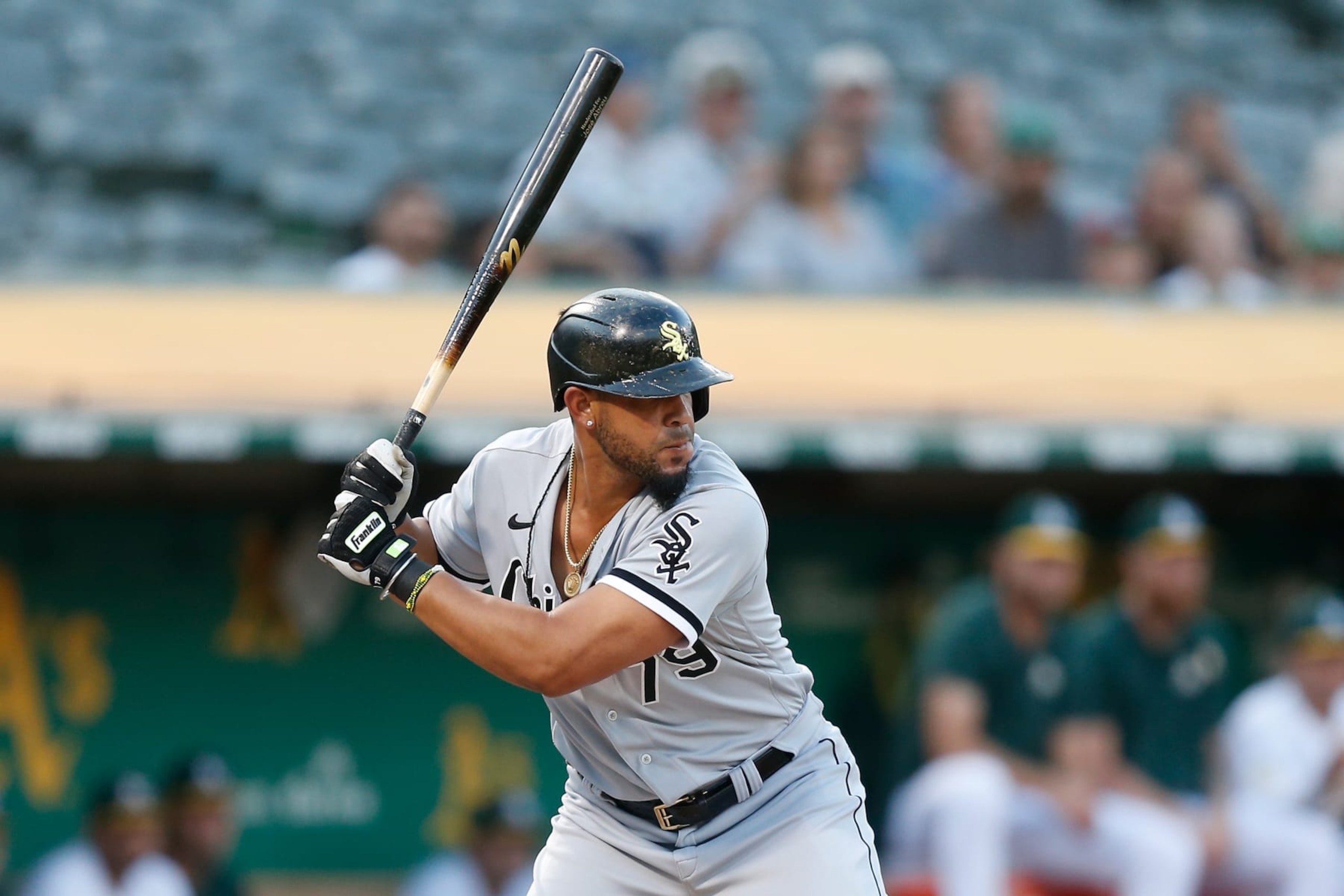 OAKLAND, CALIFORNIA - SEPTEMBER 08: Jose Abreu #79 of the Chicago White Sox at bat against the Oakland Athletics at RingCentral Coliseum on September 08, 2022 in Oakland, California. (Photo by Lachlan Cunningham/Getty Images)