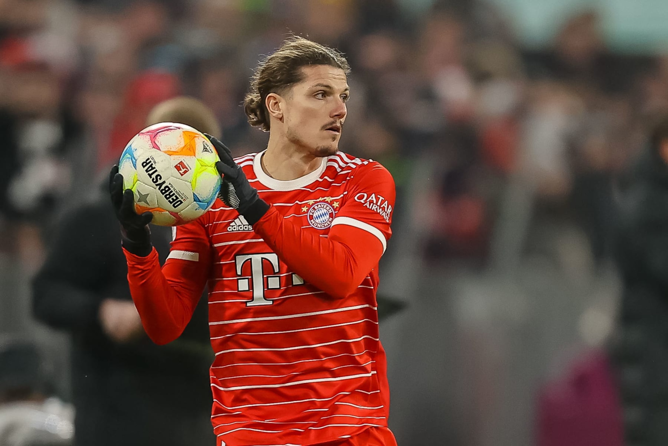 MUNICH, GERMANY - JANUARY 28: Marcel Sabitzer of Bayern Muenchen looks on during the Bundesliga match between FC Bayern München and Eintracht Frankfurt at Allianz Arena on January 28, 2023 in Munich, Germany. (Photo by Roland Krivec/DeFodi Images via Getty Images)