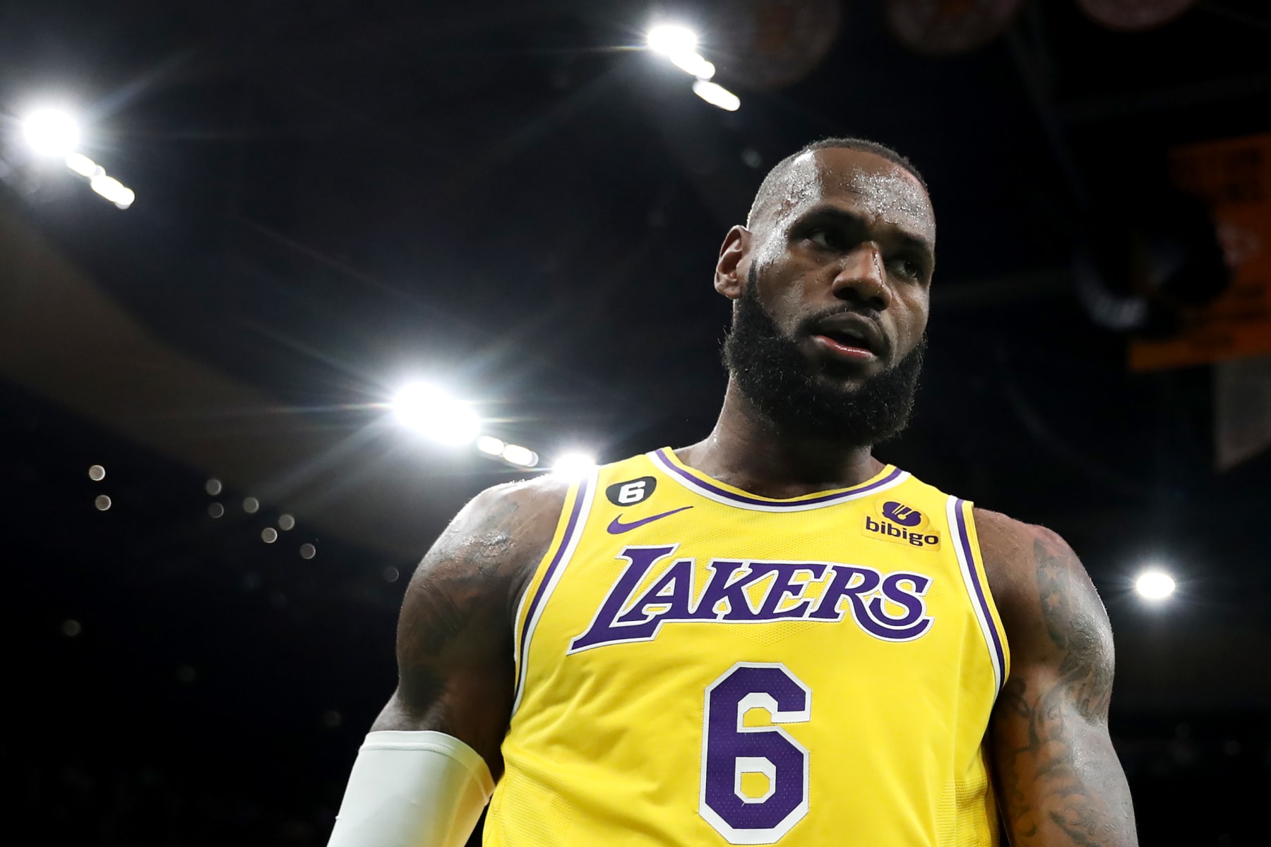BOSTON, MASSACHUSETTS - JANUARY 28: LeBron James #6 of the Los Angeles Lakers looks on during the first half against the Boston Celtics at TD Garden on January 28, 2023 in Boston, Massachusetts. (Photo by Maddie Meyer/Getty Images)