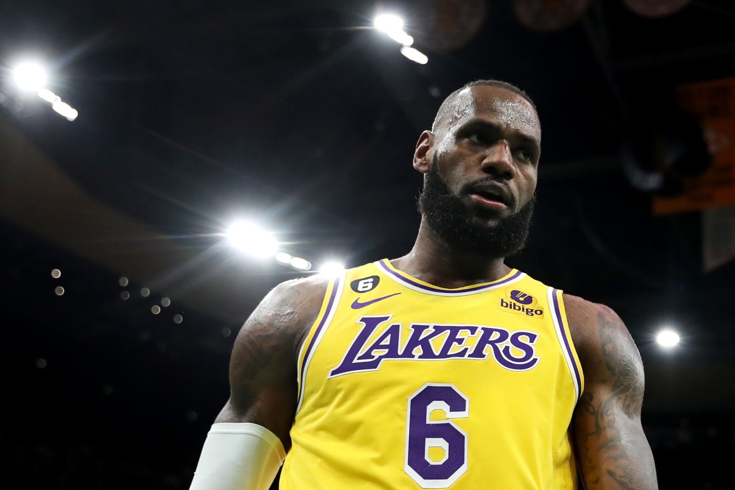 BOSTON, MASSACHUSETTS - JANUARY 28: LeBron James #6 of the Los Angeles Lakers looks on during the first half against the Boston Celtics at TD Garden on January 28, 2023 in Boston, Massachusetts. (Photo by Maddie Meyer/Getty Images)