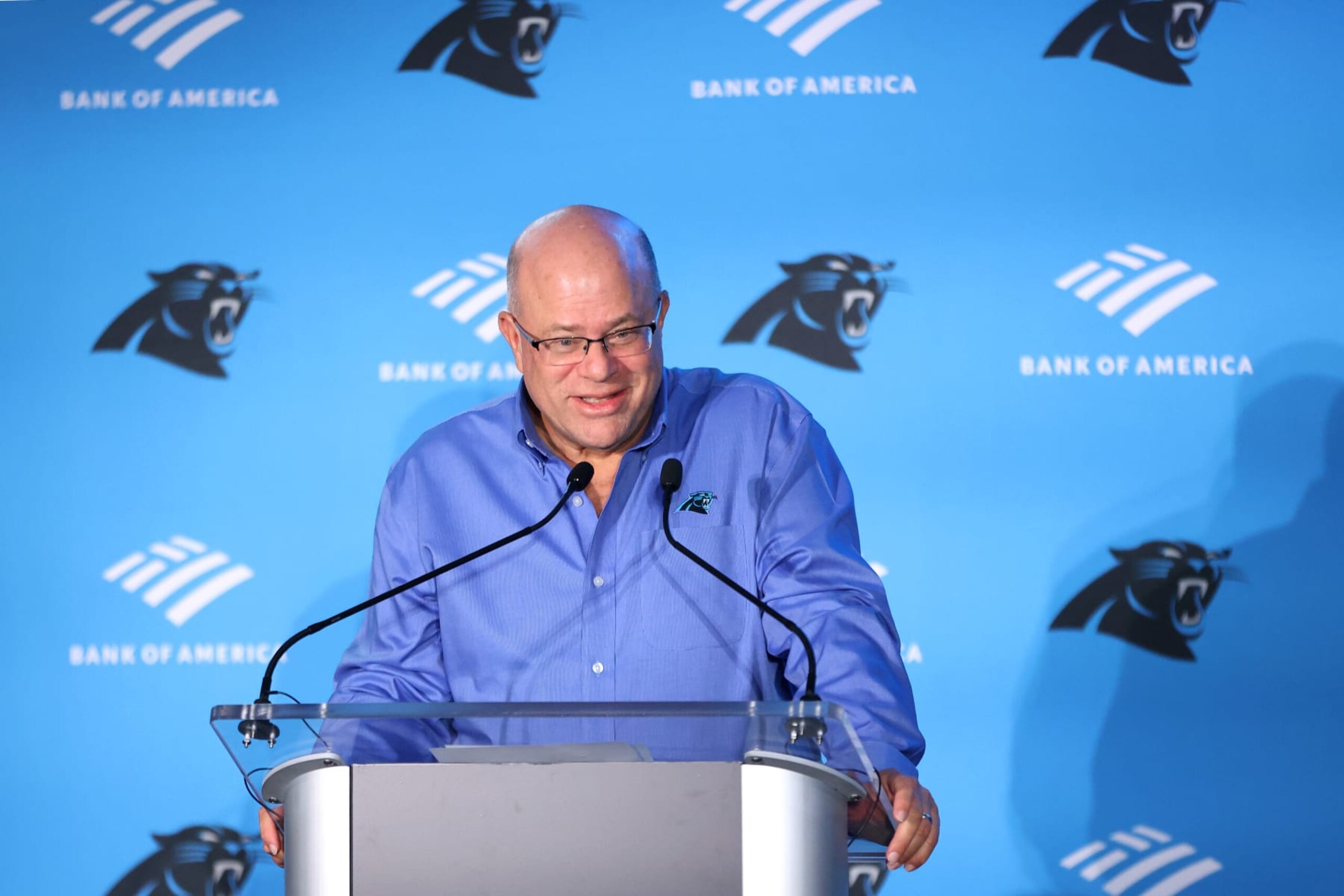 CHARLOTTE, NORTH CAROLINA - JANUARY 31: Carolina Panthers owner David Tepper speaks during the Carolina Panthers head coach introduction at Bank of America Stadium on January 31, 2023 in Charlotte, North Carolina. Tepper introduced Frank Reich as the new head coach of the Carolina Panthers. (Photo by David Jensen/Getty Images)