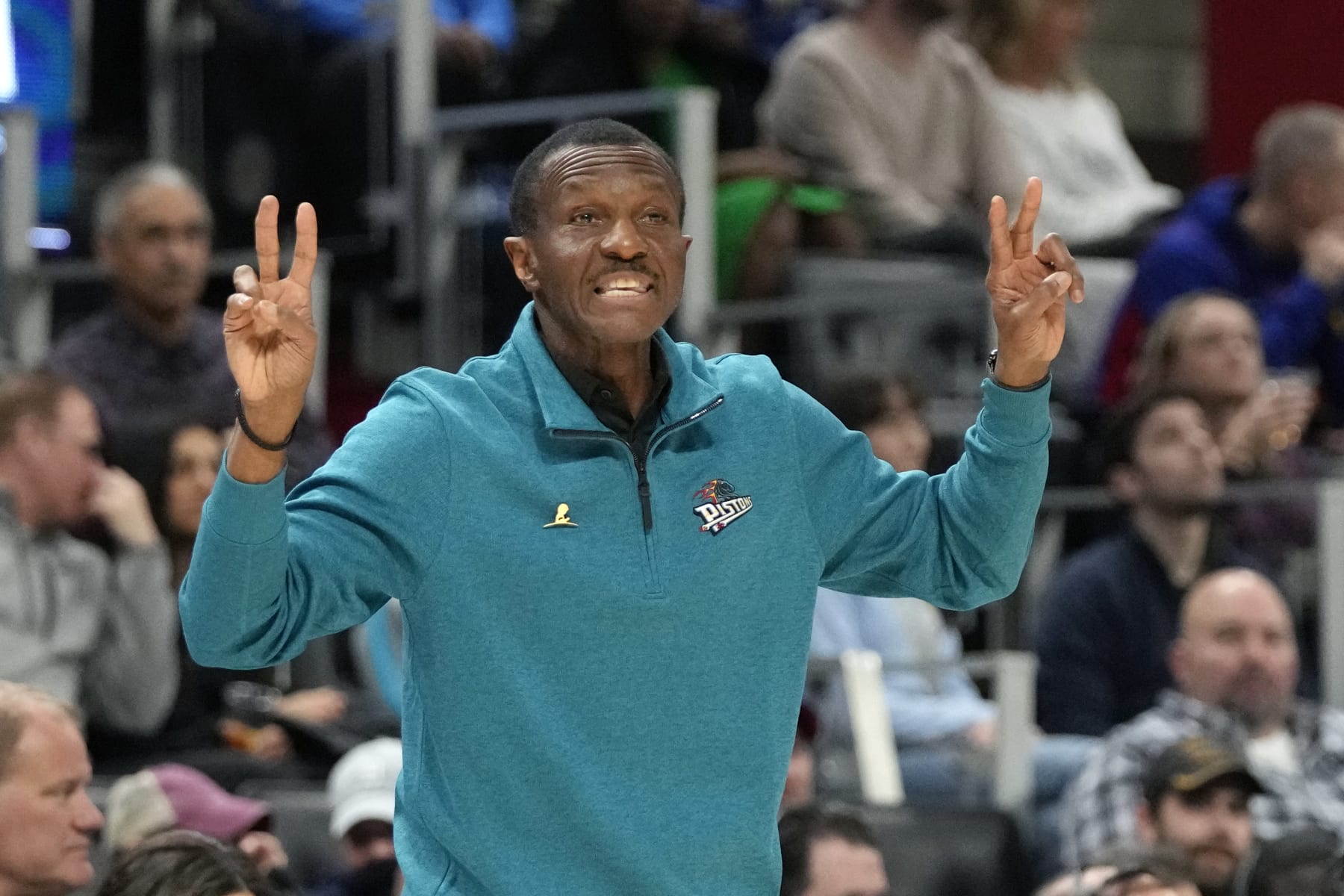 Detroit Pistons head coach Dwane Casey signals from the sideline during the second half of an NBA basketball game against the Detroit Pistons, Saturday, Jan. 28, 2023, in Detroit. (AP Photo/Carlos Osorio)