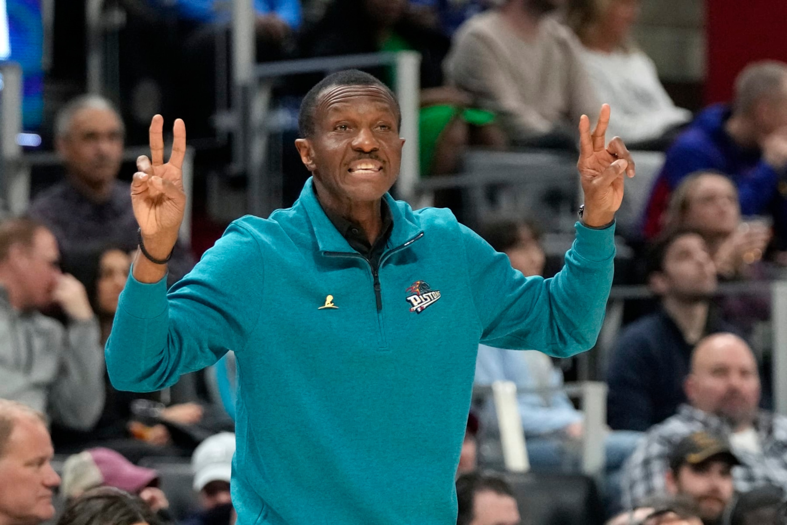 Detroit Pistons head coach Dwane Casey signals from the sideline during the second half of an NBA basketball game against the Detroit Pistons, Saturday, Jan. 28, 2023, in Detroit. (AP Photo/Carlos Osorio)