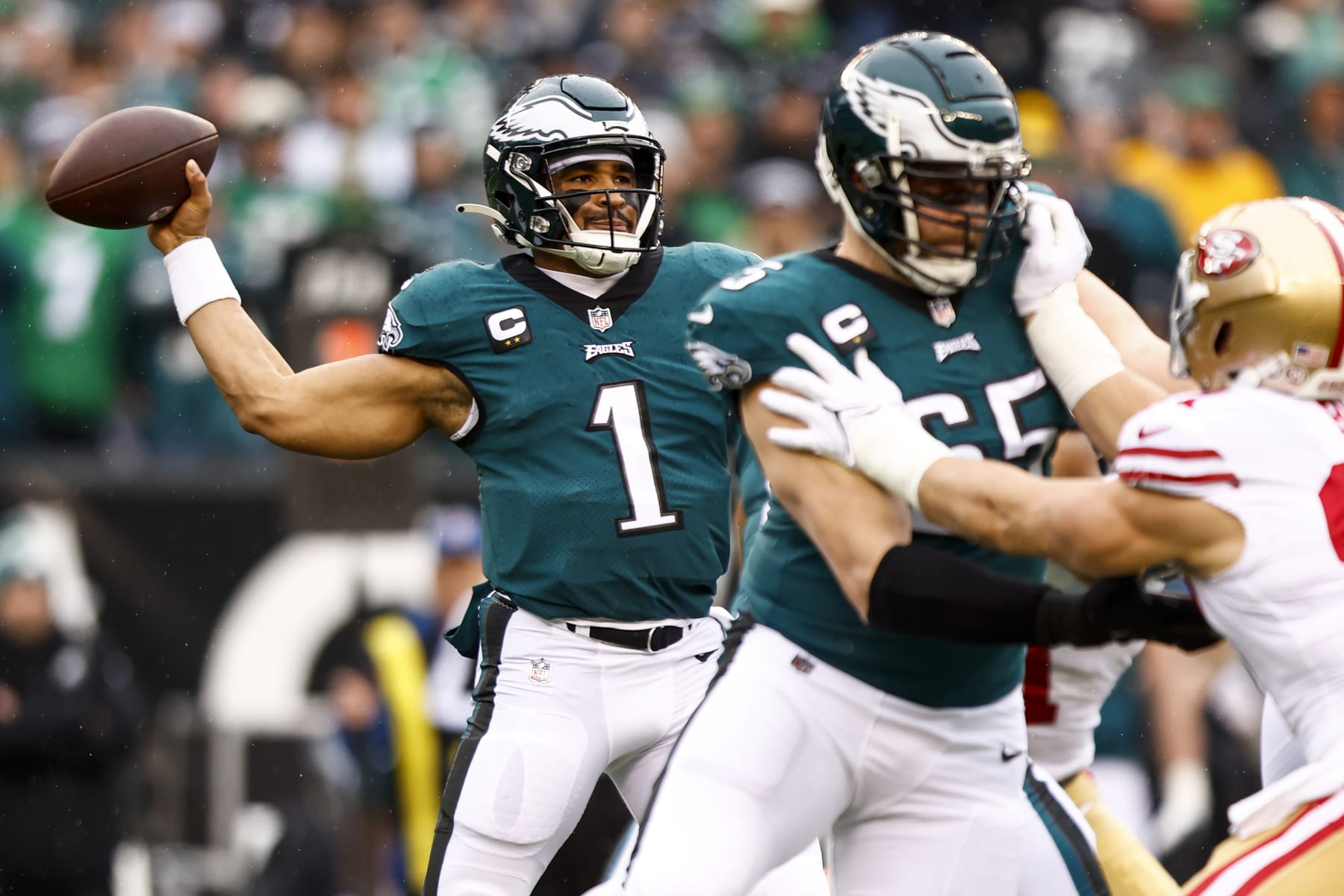 PHILADELPHIA, PA - JANUARY 29: Jalen Hurts #1 of the Philadelphia Eagles throws a pass during the first quarter of the NFC Championship NFL football game against the San Francisco 49ers at Lincoln Financial Field on January 29, 2023 in Philadelphia, Pennsylvania. (Photo by Kevin Sabitus/Getty Images)