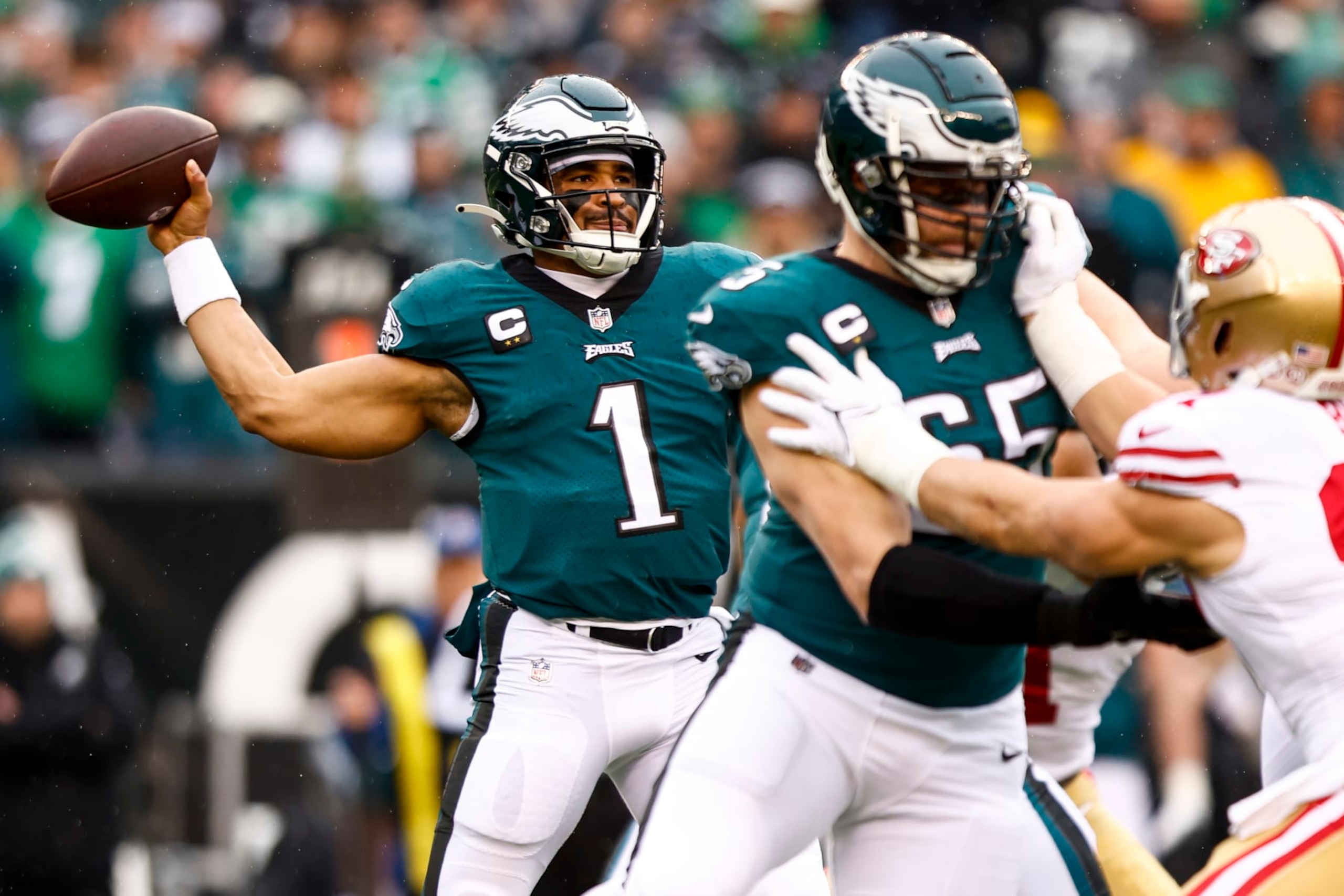 PHILADELPHIA, PA - JANUARY 29: Jalen Hurts #1 of the Philadelphia Eagles throws a pass during the first quarter of the NFC Championship NFL football game against the San Francisco 49ers at Lincoln Financial Field on January 29, 2023 in Philadelphia, Pennsylvania. (Photo by Kevin Sabitus/Getty Images)