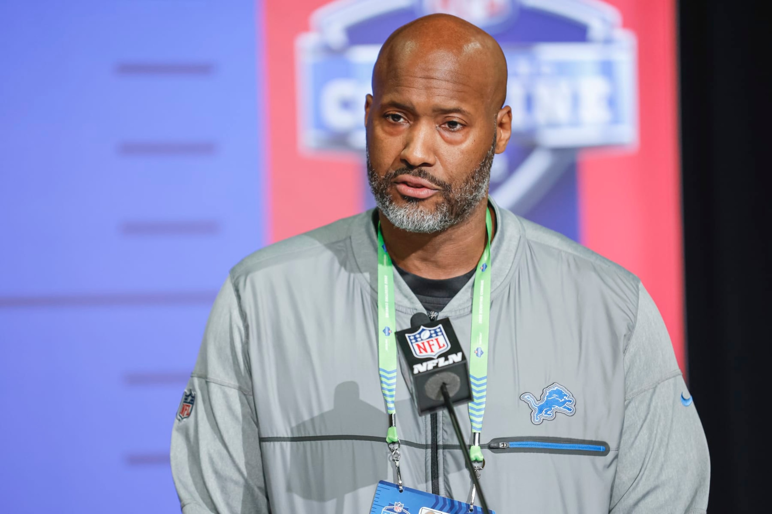 INDIANAPOLIS, IN - MAR 01: Brad Holmes, general manager of the Detroit Lions speaks to reporters during the NFL Draft Combine at the Indiana Convention Center on March 1, 2022 in Indianapolis, Indiana. (Photo by Michael Hickey/Getty Images)