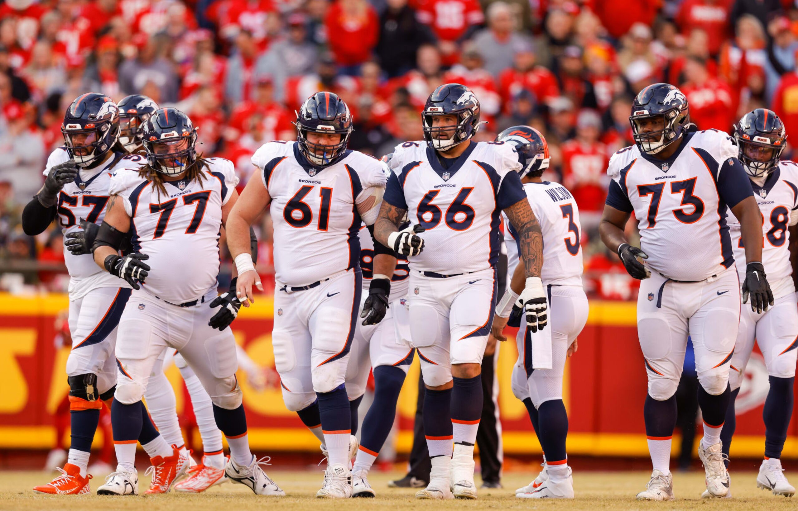 Denver Broncos offensive line (left to right)
Billy Turner No. 57, Quinn Meinerz No. 77, Graham Glasgow No. 61, Dalton Risner No. 66 and Cameron Fleming No. 73 Denver Broncos offensive line (left to right)
Billy Turner No. 57, Quinn Meinerz No. 77, Graham Glasgow No. 61, Dalton Risner No. 66 and Cameron Fleming No. 73