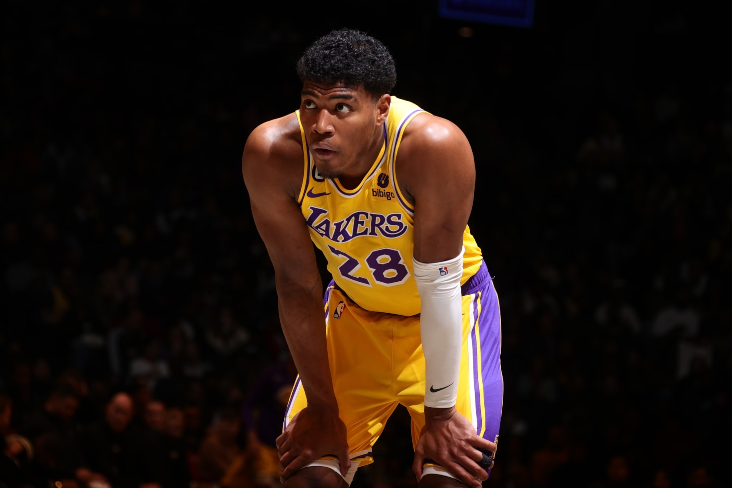 BROOKLYN, NY - JANUARY 30: Rui Hachimura #28 of the Los Angeles Lakers looks on during the game against the Brooklyn Nets on January 30, 2023 at Barclays Center in Brooklyn, New York. NOTE TO USER: User expressly acknowledges and agrees that, by downloading and or using this Photograph, user is consenting to the terms and conditions of the Getty Images License Agreement. Mandatory Copyright Notice: Copyright 2023 NBAE (Photo by Nathaniel S. Butler/NBAE via Getty Images) BROOKLYN, NY - JANUARY 30: Rui Hachimura #28 of the Los Angeles Lakers looks on during the game against the Brooklyn Nets on January 30, 2023 at Barclays Center in Brooklyn, New York. NOTE TO USER: User expressly acknowledges and agrees that, by downloading and or using this Photograph, user is consenting to the terms and conditions of the Getty Images License Agreement. Mandatory Copyright Notice: Copyright 2023 NBAE (Photo by Nathaniel S. Butler/NBAE via Getty Images)