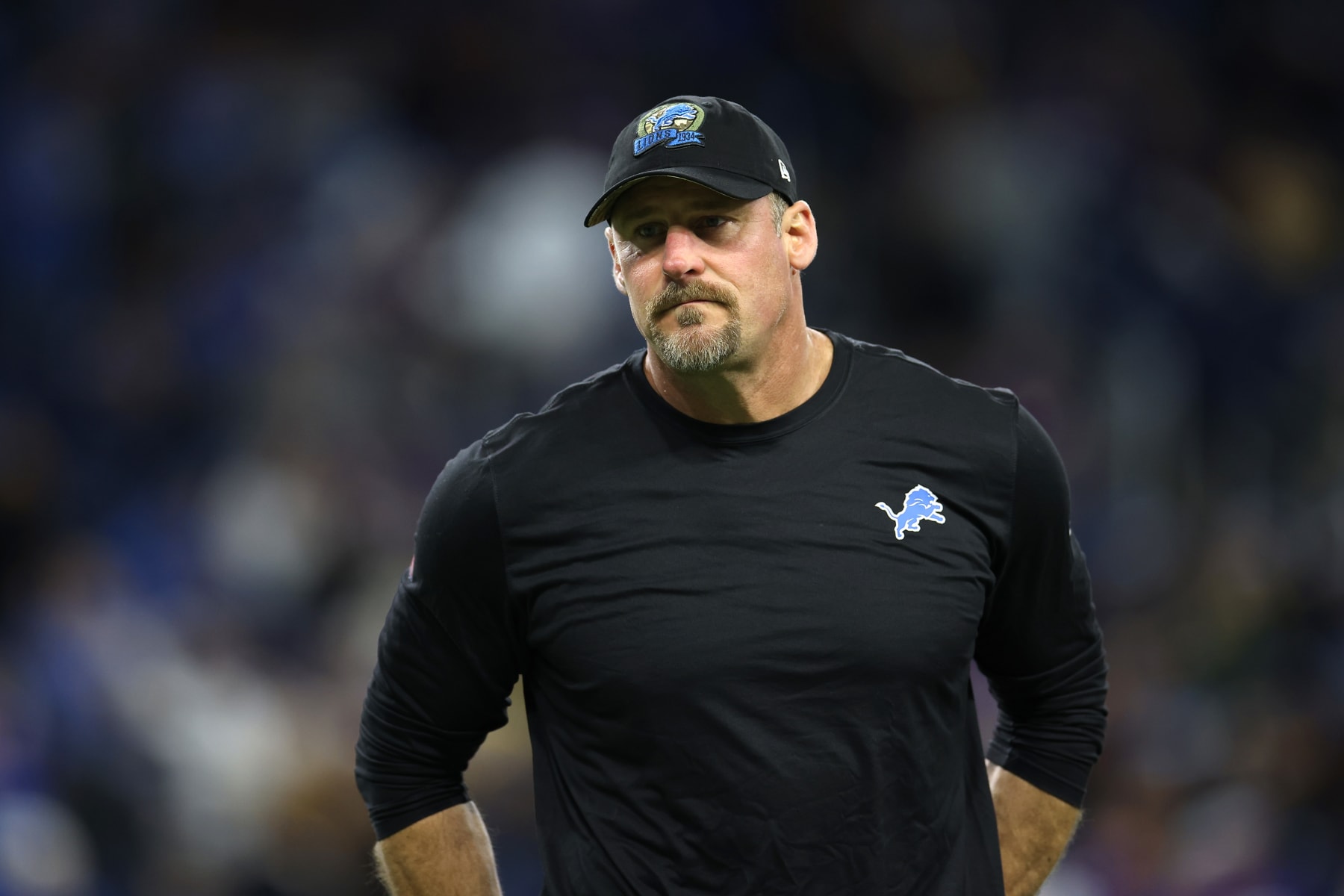 DETROIT, MICHIGAN - DECEMBER 11: Head coach Dan Campbell of the Detroit Lions looks on prior to the game against the Minnesota Vikings at Ford Field on December 11, 2022 in Detroit, Michigan. (Photo by Mike Mulholland/Getty Images)