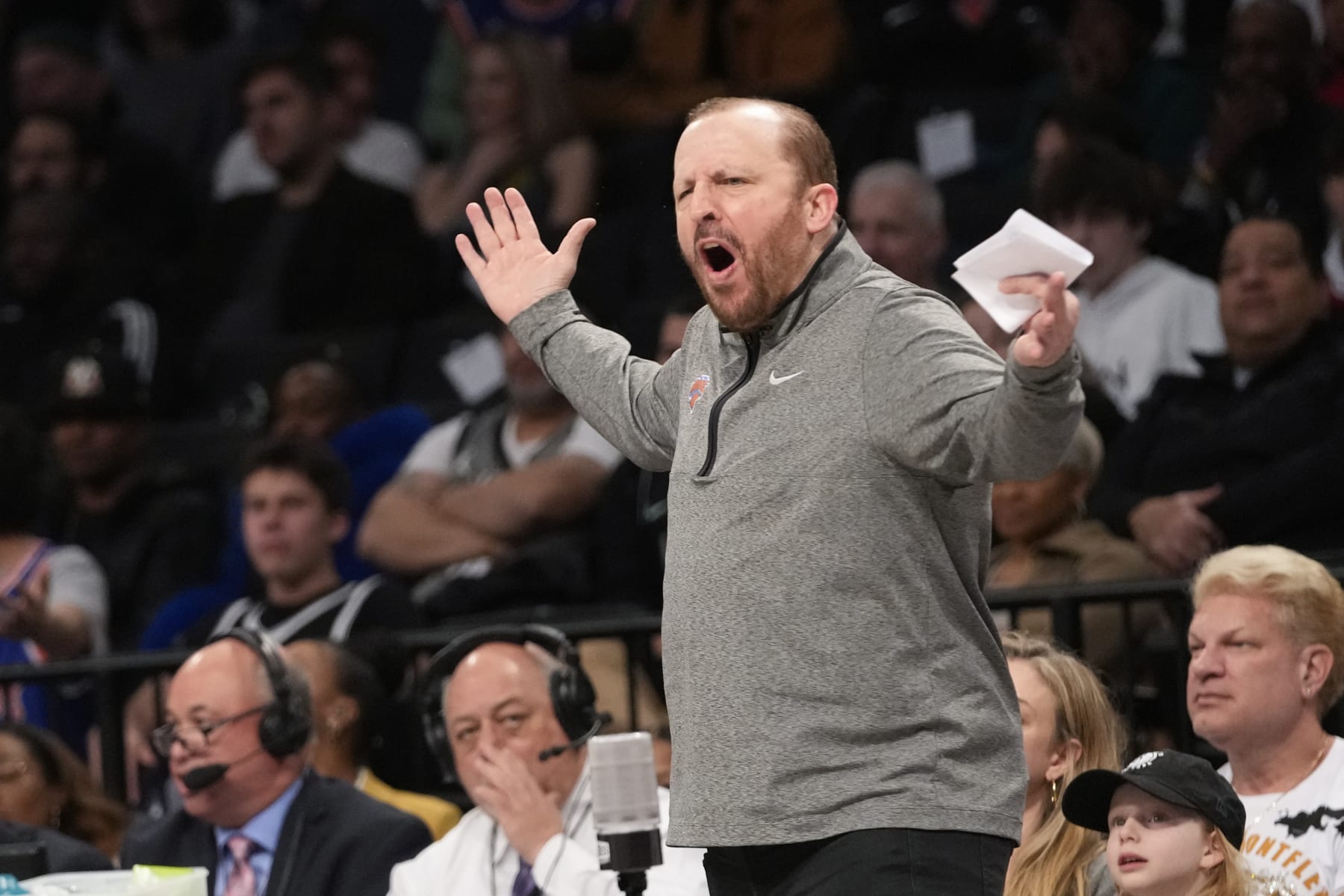 New York Knicks head coach Tom Thibodeau reacts during the first half of an NBA basketball game against the Brooklyn Nets, Saturday, Jan. 28, 2023, in New York. (AP Photo/Mary Altaffer)