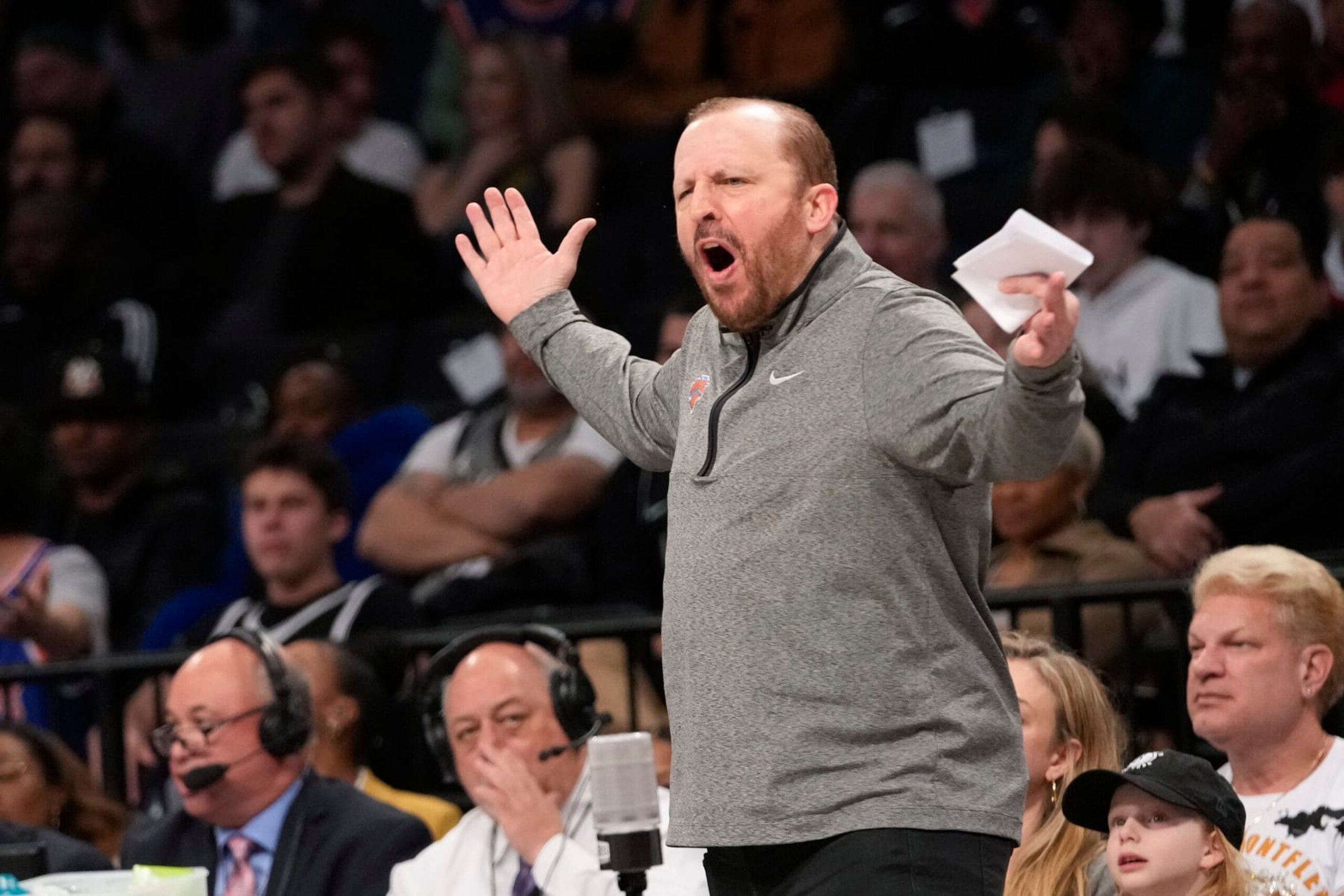 New York Knicks head coach Tom Thibodeau reacts during the first half of an NBA basketball game against the Brooklyn Nets, Saturday, Jan. 28, 2023, in New York. (AP Photo/Mary Altaffer)