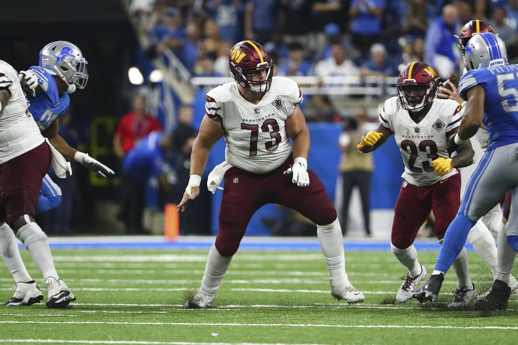 DETROIT, MI - SEPTEMBER 18: Chase Roullier #73 of the Washington Commanders blocks during an NFL football game against the Detroit Lions at Ford Field on September 18, 2022 in Detroit, Michigan. (Photo by Kevin Sabitus/Getty Images)