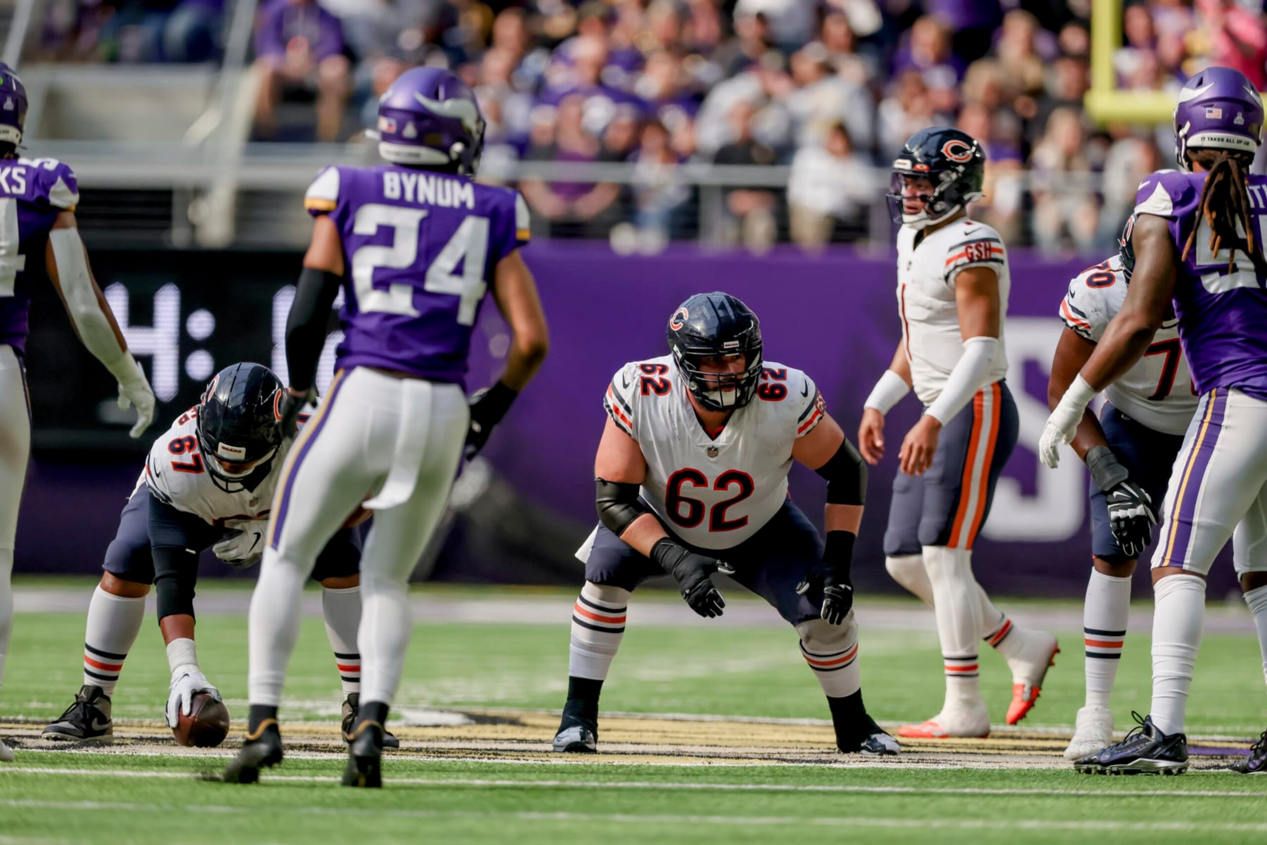 Chicago Bears guard Lucas Patrick (62) in action against the Minnesota Vikings during the second half of an NFL football game Sunday, Oct. 9, 2022 in Minneapolis. (AP Photo/Stacy Bengs)