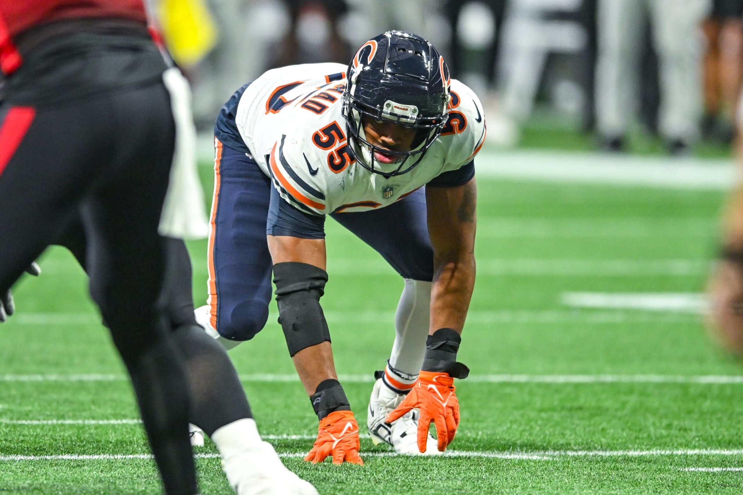 ATLANTA, GA  NOVEMBER 20:  Chicago defensive end Al-Quadin Muhammad (55) gets set during the NFL game between the Chicago Bears and the Atlanta Falcons on November 20th, 2022 at Mercedes-Benz Stadium in Atlanta, GA.  (Photo by Rich von Biberstein/Icon Sportswire via Getty Images)