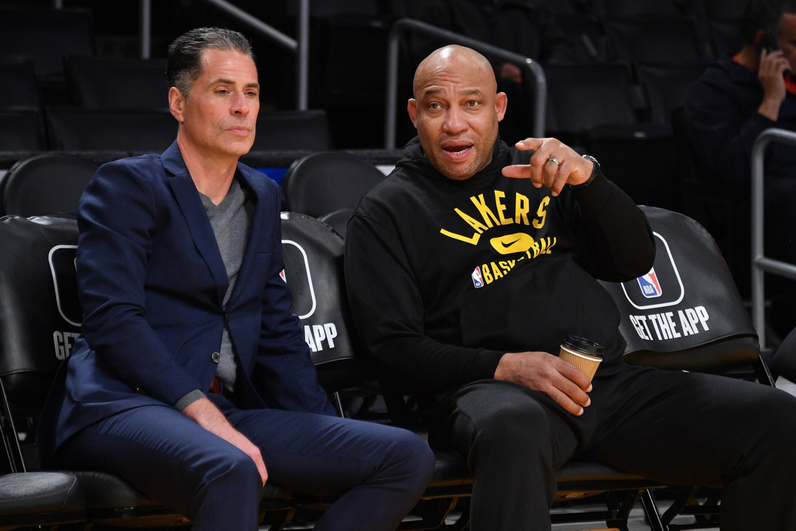 LOS ANGELES, CALIFORNIA - JANUARY 04: Rob Pelinka and Darvin Ham attend a basketball game between the Los Angeles Lakers and the Miami Heat at Crypto.com Arena on January 04, 2023 in Los Angeles, California. (Photo by Allen Berezovsky/Getty Images)