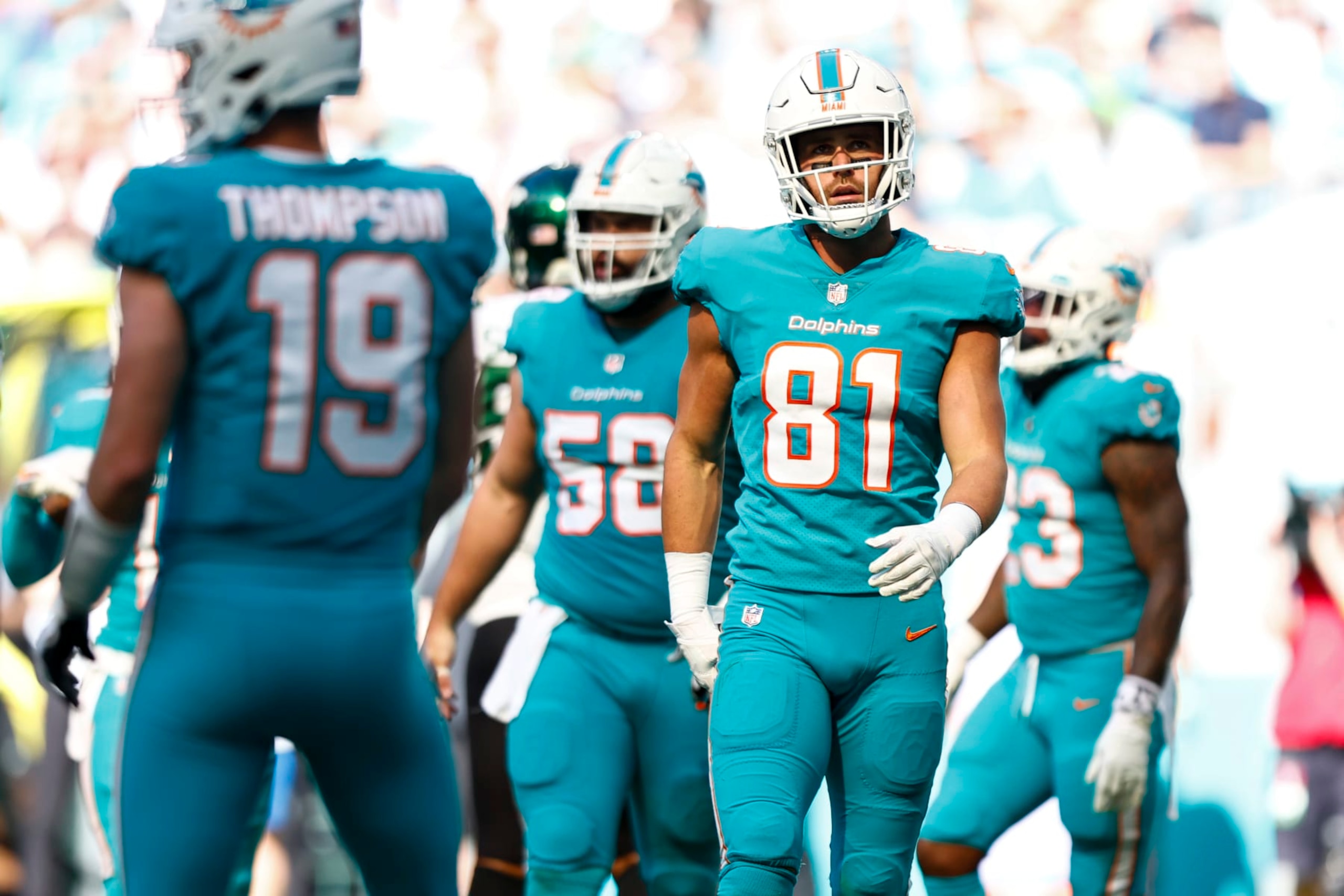 MIAMI GARDENS, FL - JANUARY 8: Durham Smythe #81 of the Miami Dolphins walks to the huddle before a play during an NFL football game against the New York Jets at Hard Rock Stadium on January 8, 2023 in Miami Gardens, Florida. (Photo by Kevin Sabitus/Getty Images)