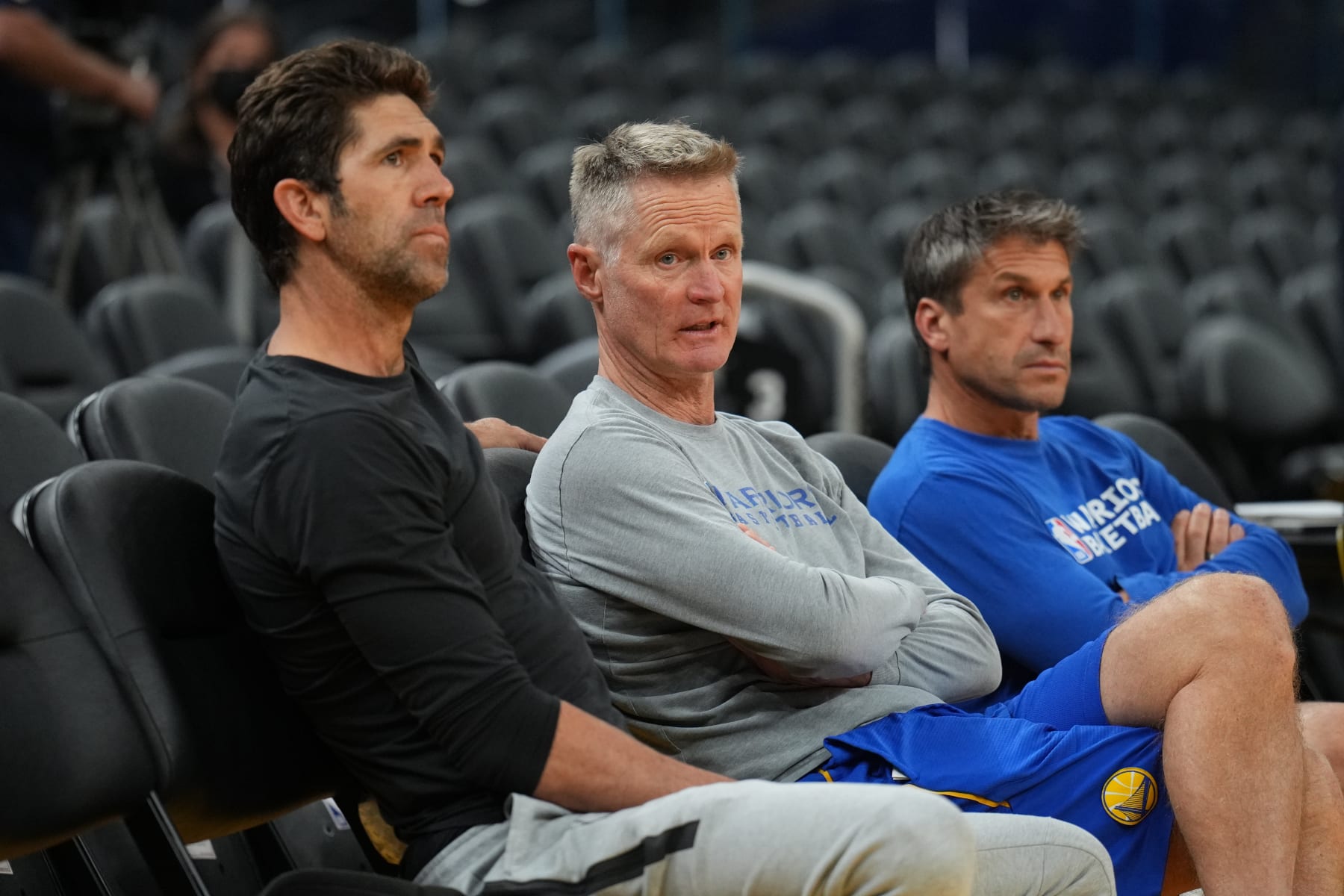 SAN FRANCISCO, CA - JUNE 01: Bob Myers and head coach, Steve Kerr of the Golden State Warriors speak during 2022 NBA Finals Practice and Media Availability on June 1, 2022 at Chase Center in San Francisco, California. NOTE TO USER: User expressly acknowledges and agrees that, by downloading and or using this photograph, user is consenting to the terms and conditions of Getty Images License Agreement. Mandatory Copyright Notice: Copyright 2022 NBAE (Photo by Jesse D. Garrabrant/NBAE via Getty Images)
