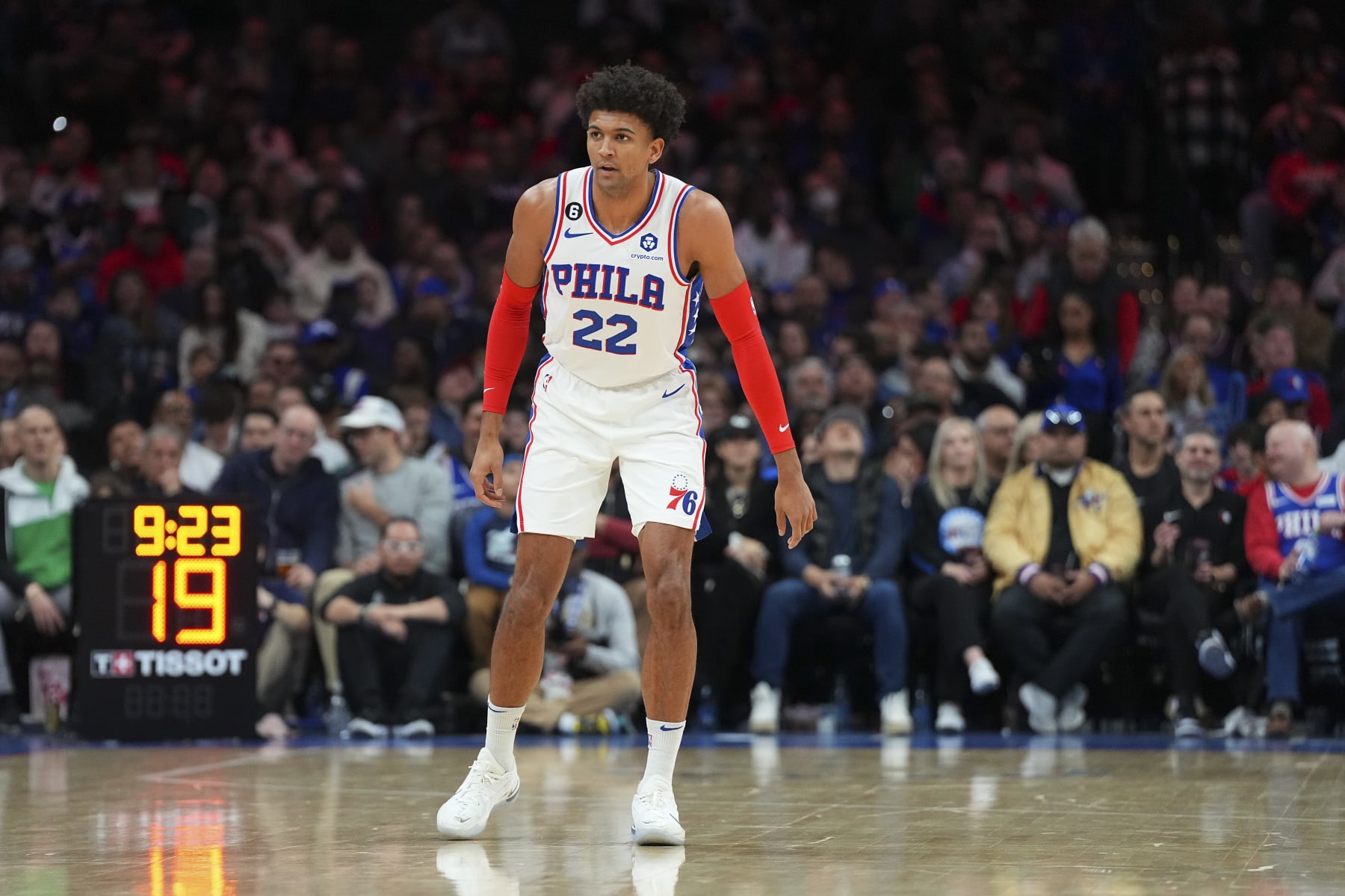 PHILADELPHIA, PA - JANUARY 28: Matisse Thybulle #22 of the Philadelphia 76ers in action against the Denver Nuggets at the Wells Fargo Center on January 28, 2023 in Philadelphia, Pennsylvania. NOTE TO USER: User expressly acknowledges and agrees that, by downloading and or using this photograph, User is consenting to the terms and conditions of the Getty Images License Agreement. (Photo by Mitchell Leff/Getty Images)