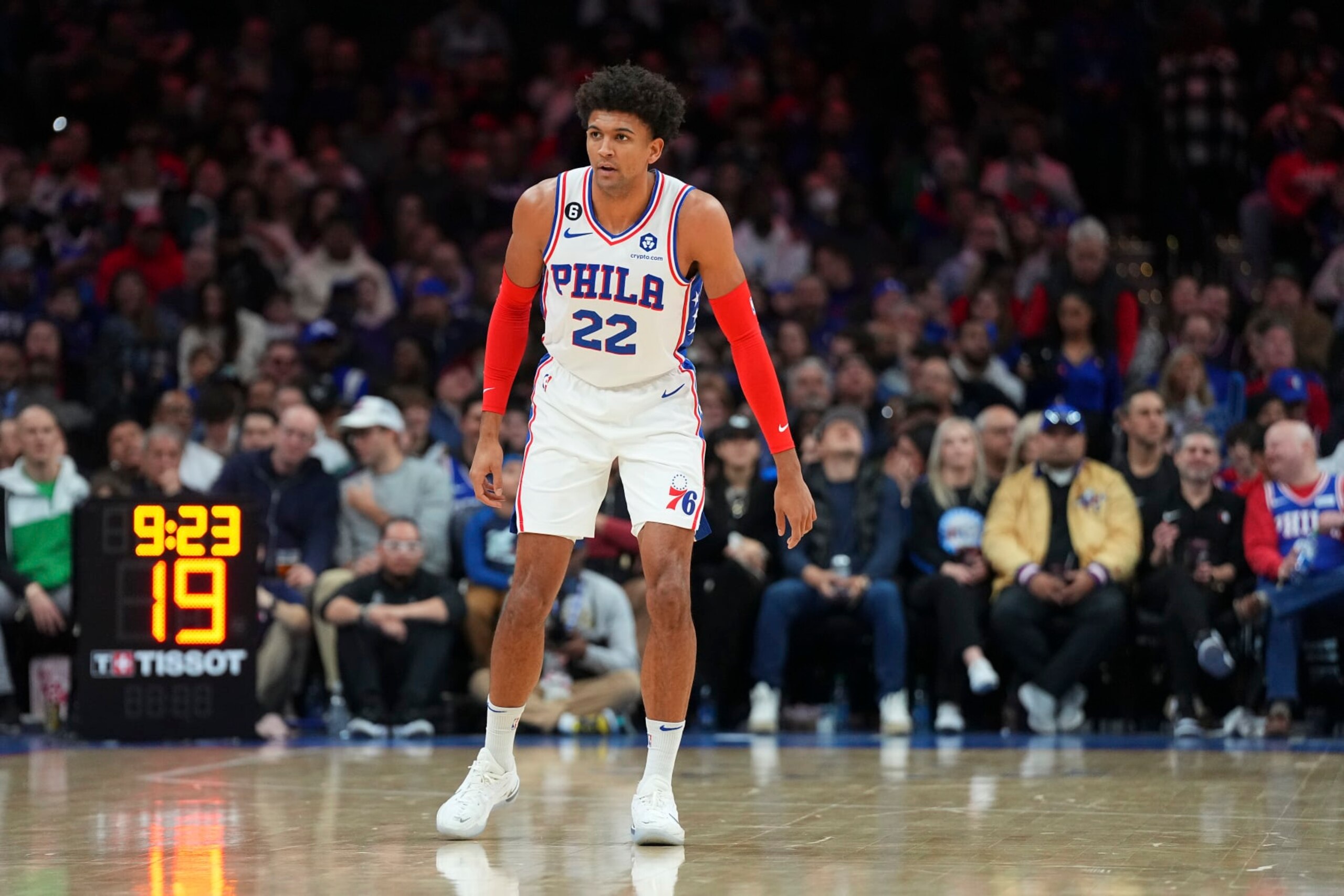 PHILADELPHIA, PA - JANUARY 28: Matisse Thybulle #22 of the Philadelphia 76ers in action against the Denver Nuggets at the Wells Fargo Center on January 28, 2023 in Philadelphia, Pennsylvania. NOTE TO USER: User expressly acknowledges and agrees that, by downloading and or using this photograph, User is consenting to the terms and conditions of the Getty Images License Agreement. (Photo by Mitchell Leff/Getty Images)