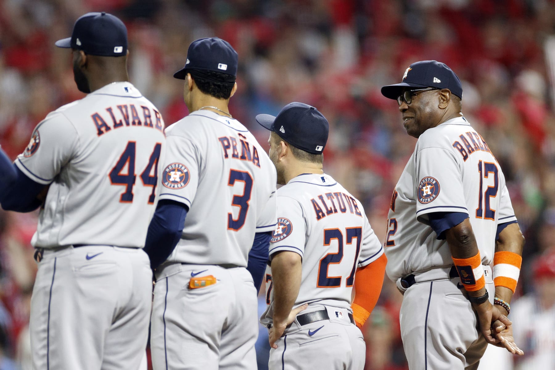 PHILADELPHIA, PENNSYLVANIA - NOVEMBER 01: Dusty Baker Jr. #12 of the Houston Astros looks on prior to playing the Philadelphia Phillies in Game Three of the 2022 World Series at Citizens Bank Park on November 01, 2022 in Philadelphia, Pennsylvania. (Photo by Sarah Stier/Getty Images)