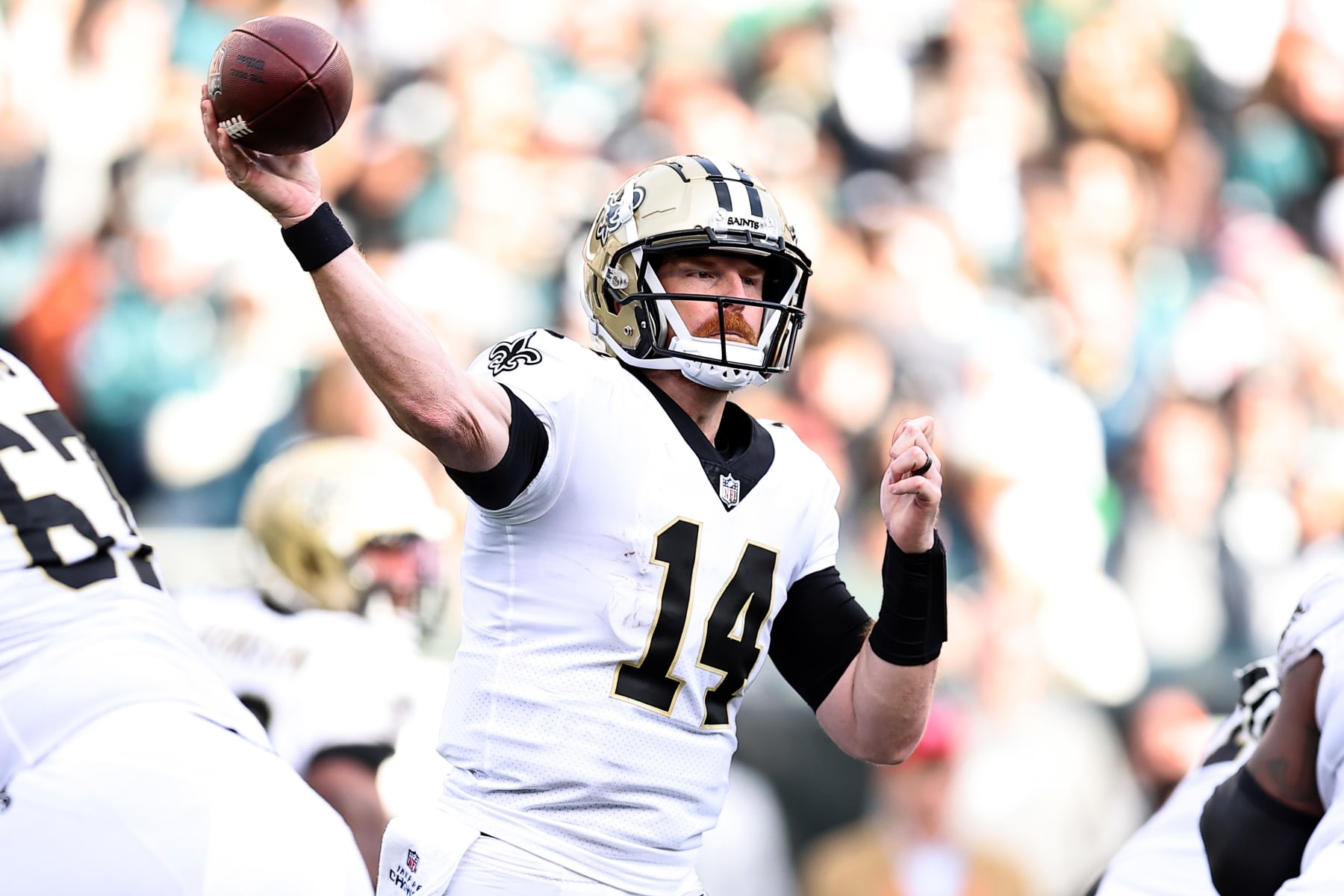 PHILADELPHIA, PENNSYLVANIA - JANUARY 01: Andy Dalton #14 of the New Orleans Saints passes against the Philadelphia Eagles during the third quarter at Lincoln Financial Field on January 01, 2023 in Philadelphia, Pennsylvania. (Photo by Dustin Satloff/Getty Images)