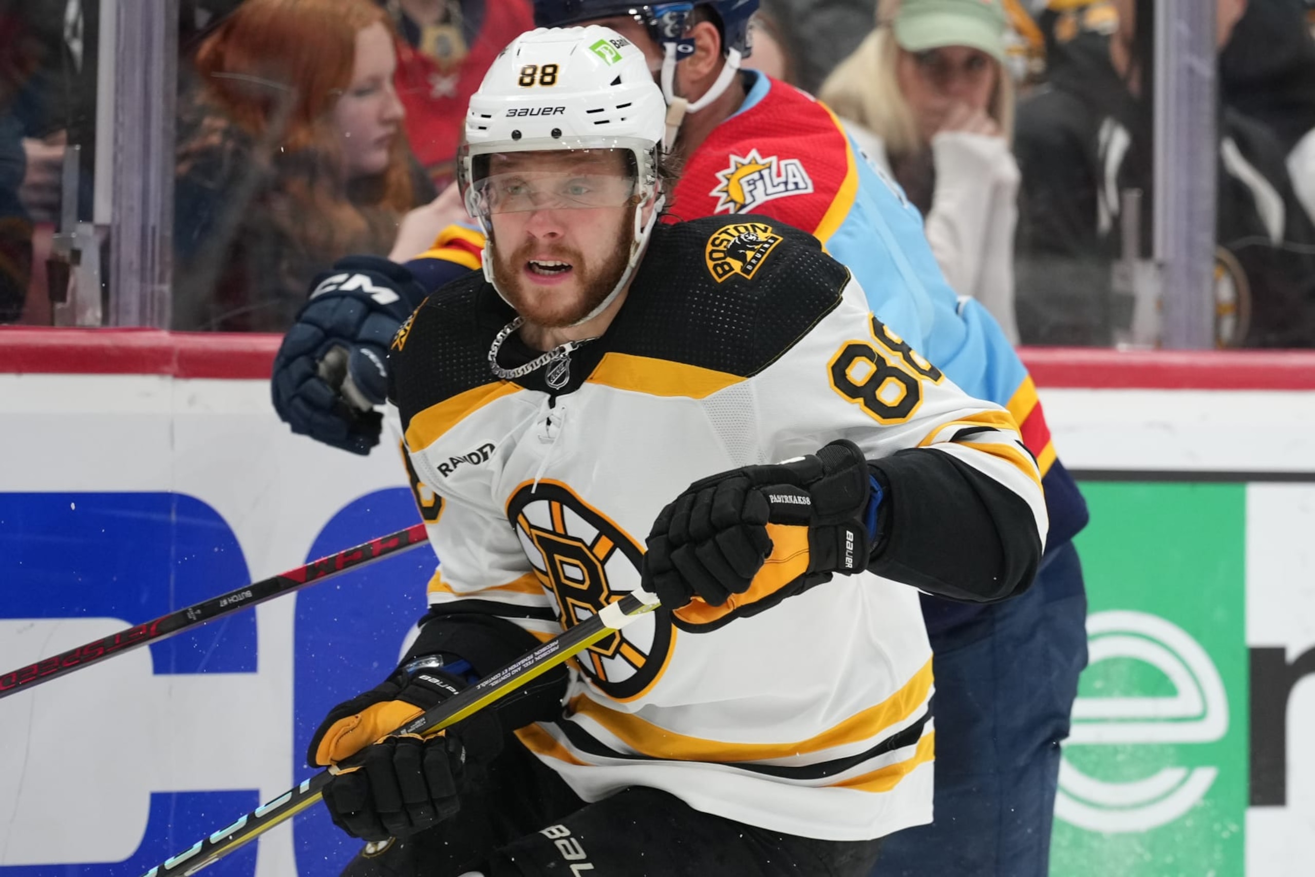 SUNRISE, FL - JANUARY 28: Boston Bruins right wing David Pastrnak (88) supports an offensive in the third period attack during the game between the Boston Bruins and the Florida Panthers on Saturday, January 28, 2023 at FLA Live Arena, Sunrise, Fla. (Photo by Peter Joneleit/Icon Sportswire via Getty Images)