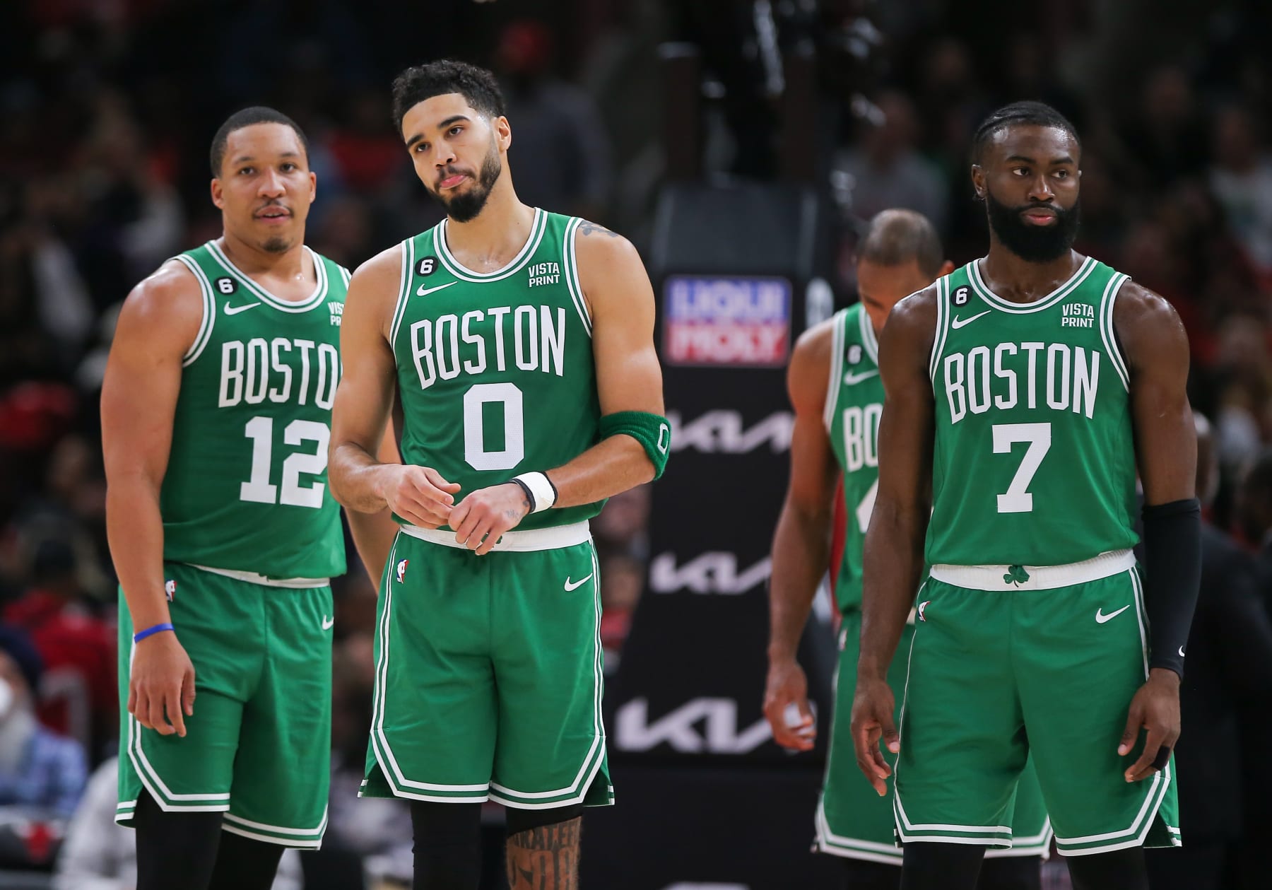 CHICAGO, IL - NOVEMBER 21: Boston Celtics forward Grant Williams (12) Boston Celtics forward Jayson Tatum (0) and Boston Celtics guard Jaylen Brown (7) looks on
during a NBA game between the Boston Celtics and the Chicago Bulls on November 21, 2022 at the United Center in Chicago, IL. (Photo by Melissa Tamez/Icon Sportswire via Getty Images)