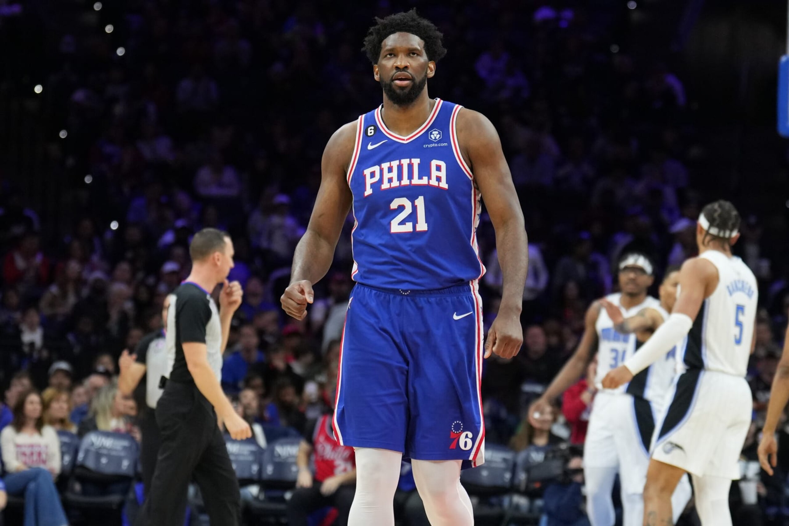 PHILADELPHIA, PA - JANUARY 30: Joel Embiid #21 of the Philadelphia 76ers looks on during the game against the Orlando Magic on January 30, 2023 at the Wells Fargo Center in Philadelphia, Pennsylvania NOTE TO USER: User expressly acknowledges and agrees that, by downloading and/or using this Photograph, user is consenting to the terms and conditions of the Getty Images License Agreement. Mandatory Copyright Notice: Copyright 2023 NBAE (Photo by Jesse D. Garrabrant/NBAE via Getty Images)