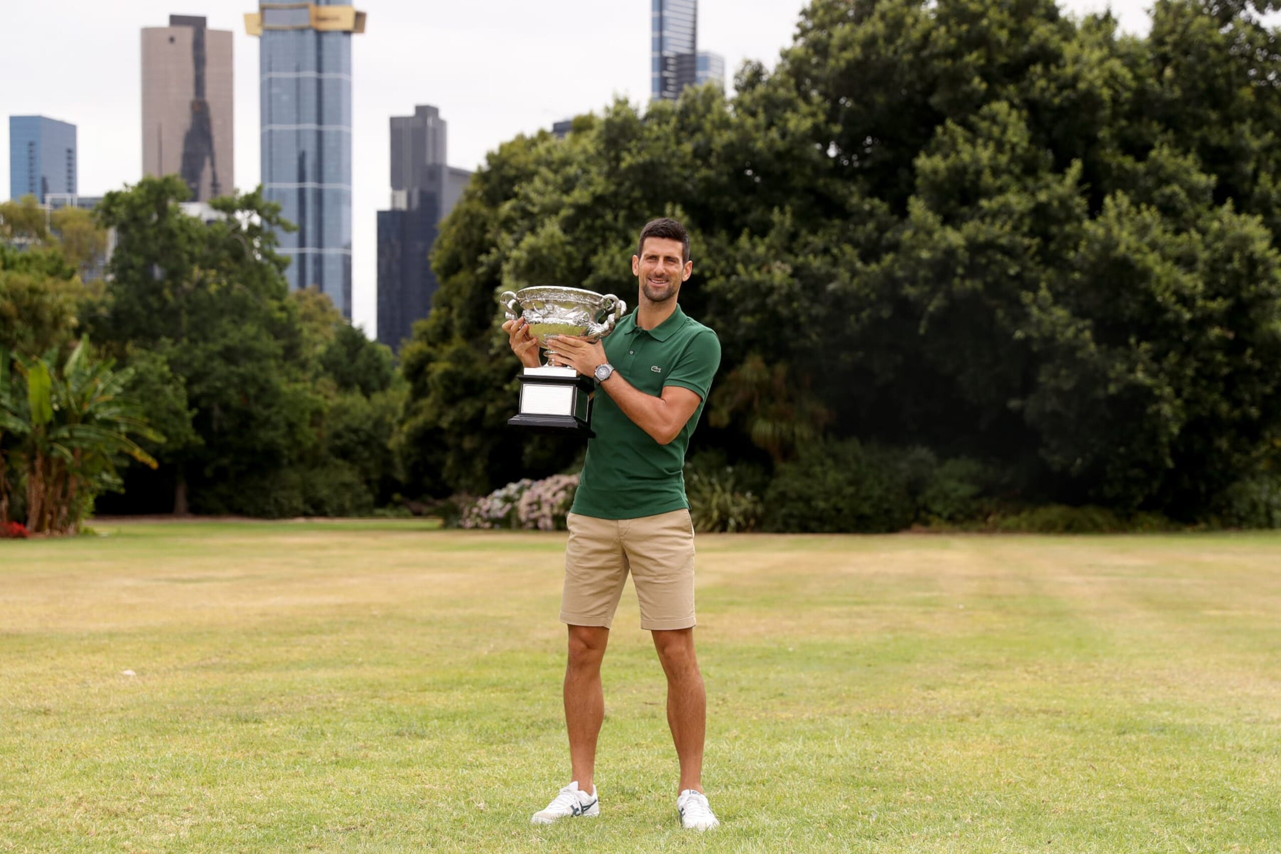 MELBOURNE, AUSTRALIA - JANUARY 30: Novak Djokovic of Serbia poses with the Norman Brookes Challenge Cup after winning the 2023 Australian Open, on January 30, 2023 in Melbourne, Australia. (Photo by Kelly Defina/Getty Images)